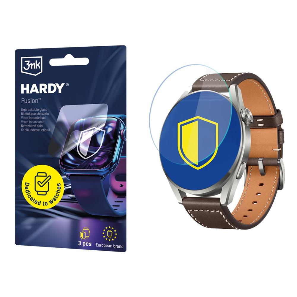 Smartwatch z ochraniaczem ekranu. Ochraniacz ma niebiesko-żółty design. Obok opakowanie.