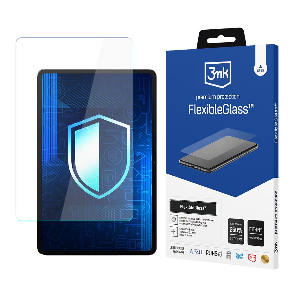 Una scatola di protezione schermo e un tablet. La scatola è blu, con il marchio. Un protettore trasparente è sul tablet.