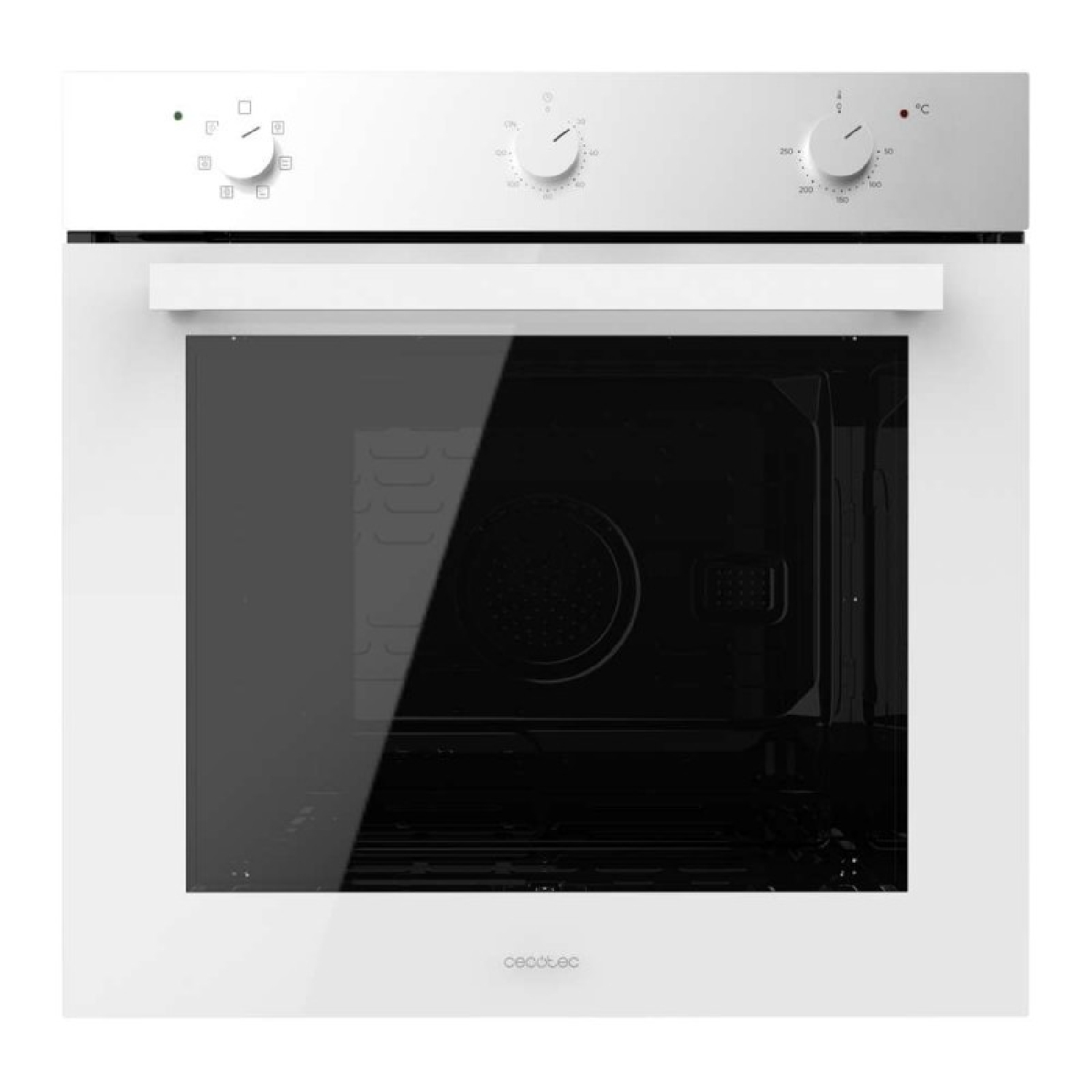 Forno bianco con porta a vetro, manopole per il controllo della temperatura e nome del marchio in basso. Interno scuro.