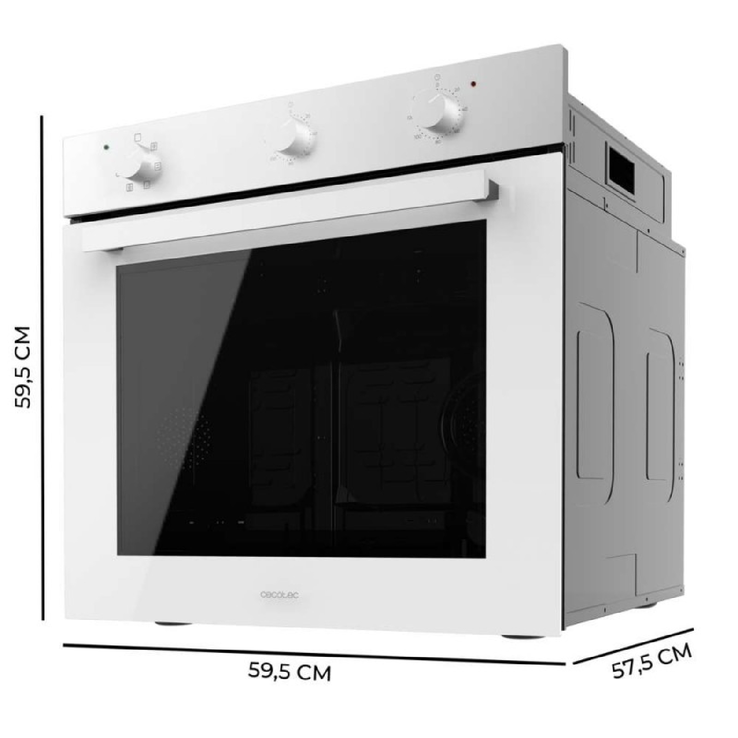 Un forno bianco con porta a vetri nera. Ha manopole e dimensioni etichettate. Il marchio è visibile.