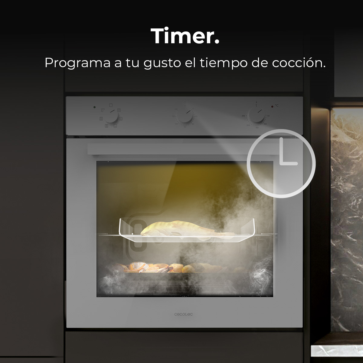 Un forno con cibo all'interno. Un'icona del timer è visibile. Il testo dice: Timer. Programma il tempo di cottura a tuo piacimento.