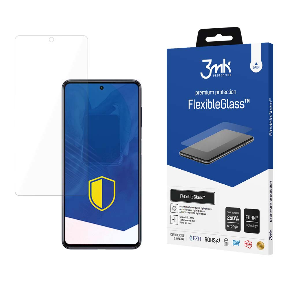 Un proteggi schermo e un telefono sono mostrati con una scatola 3mk FlexibleGlass. I dettagli del prodotto sono visibili.