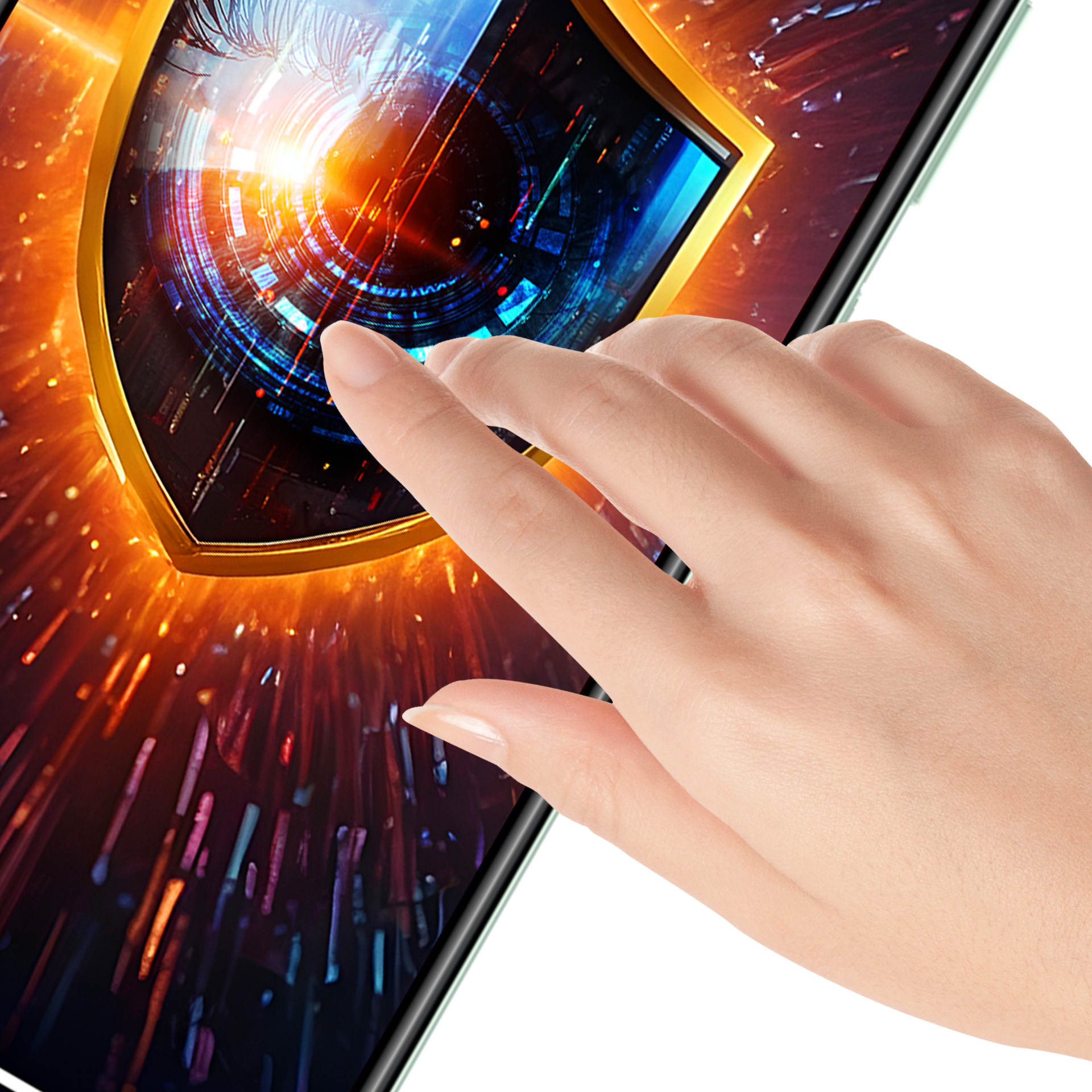 Una mano tocca lo schermo di un telefono che mostra un design futuristico di occhio e scudo con tonalità blu e arancioni.