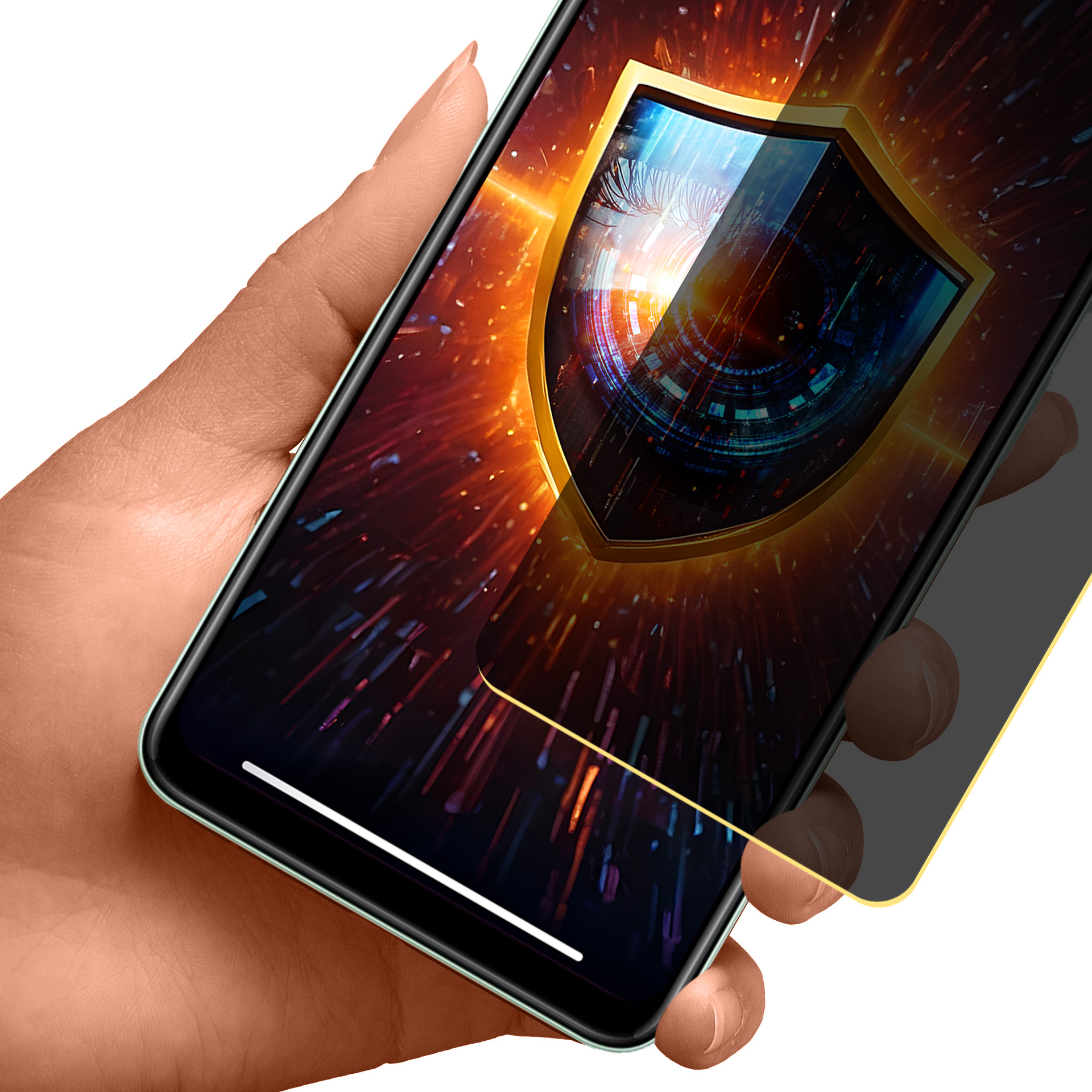 Una mano tiene un telefono con un'icona a scudo sullo schermo. Lo schermo è protetto.