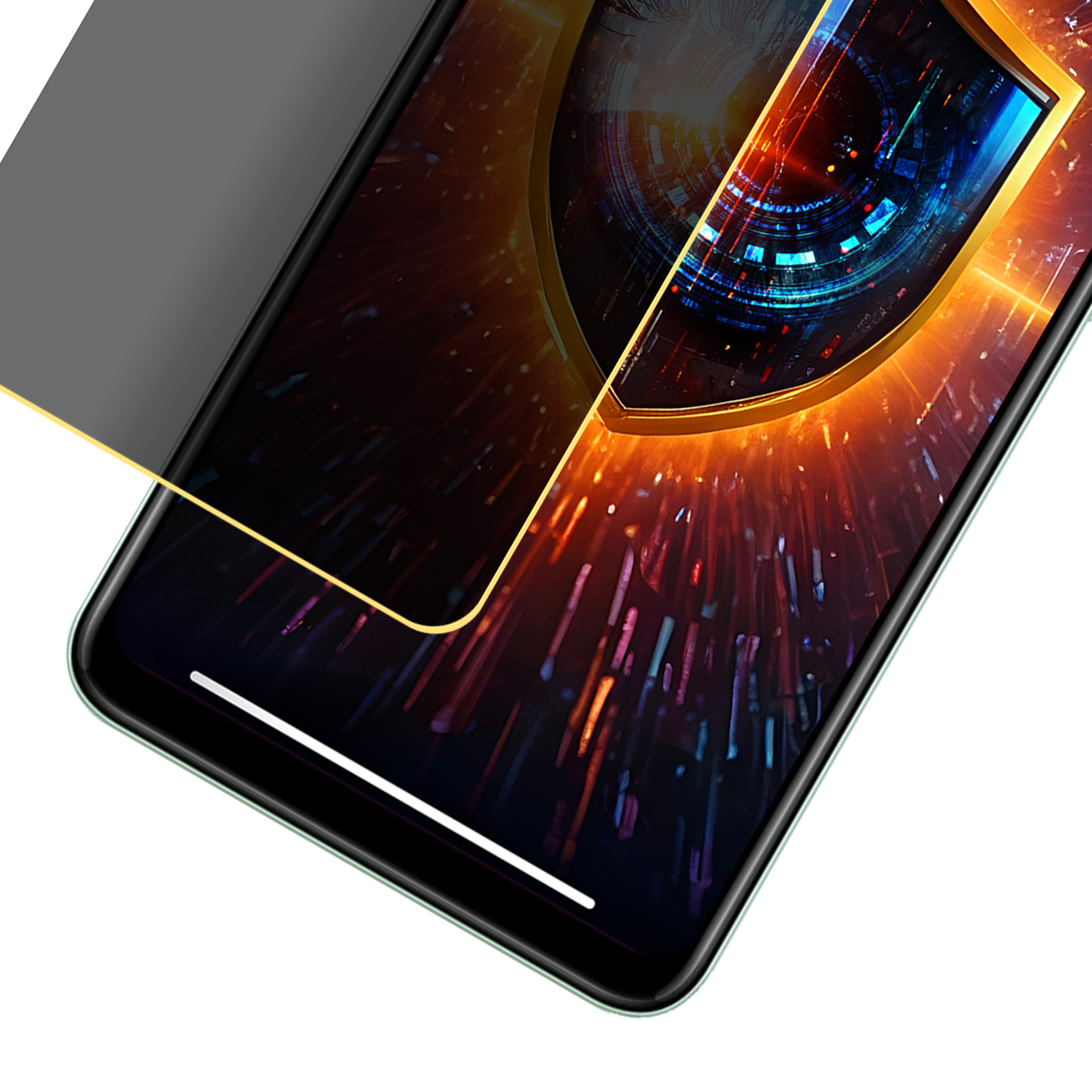 Schermo del telefono con schermo privacy. Lo schermo mostra un occhio digitale con colori vivaci. Sfondo bianco.
