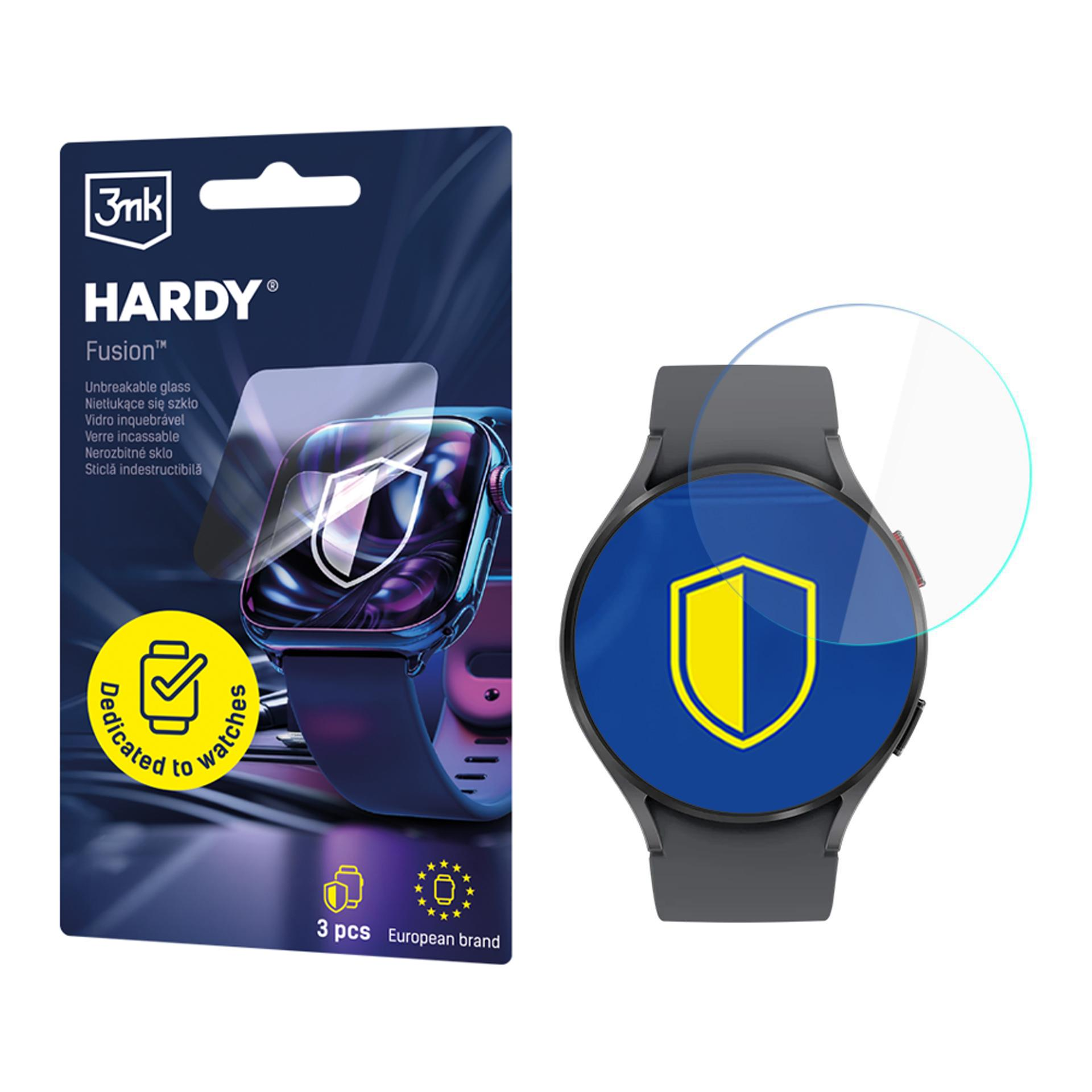 Pudełko produktu z osłoną ekranu zegarka. Zegarek z niebieską i żółtą tarczą. Tekst: HARDY Fusion, dedykowane zegarkom, europejska marka.
