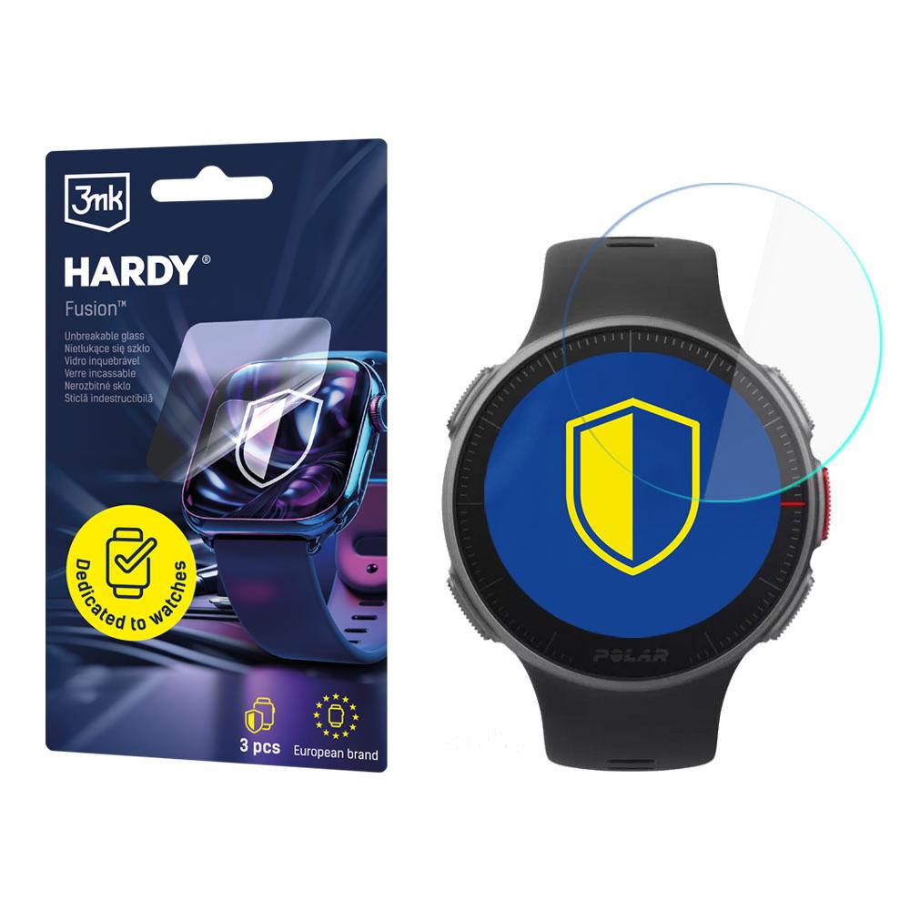 Smartwatch z ochraniaczem ekranu i opakowaniem ochraniacza ekranu. Oba mają to samo żółto-niebieskie logo tarczy.