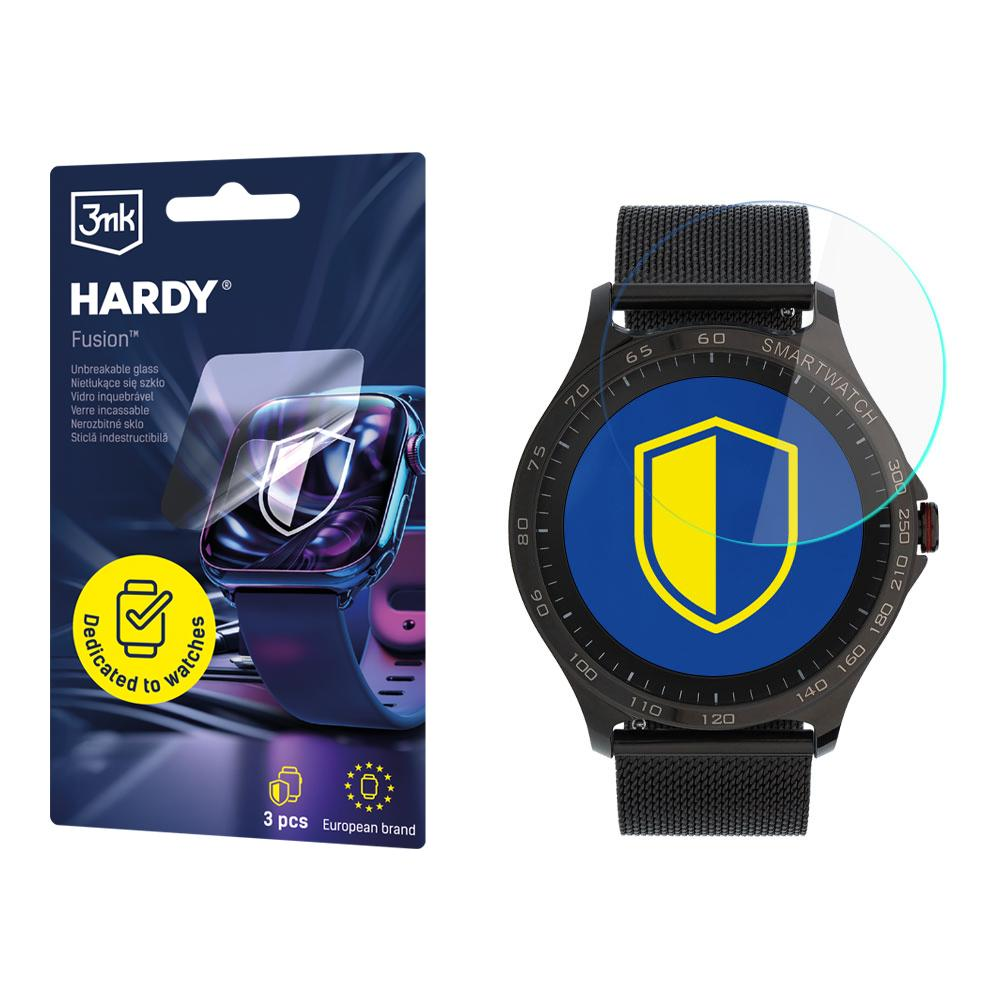 Smartwatch i opakowanie na osłonę ekranu. Zegarek ma czarny pasek i niebieski ekran z żółtymi detalami.