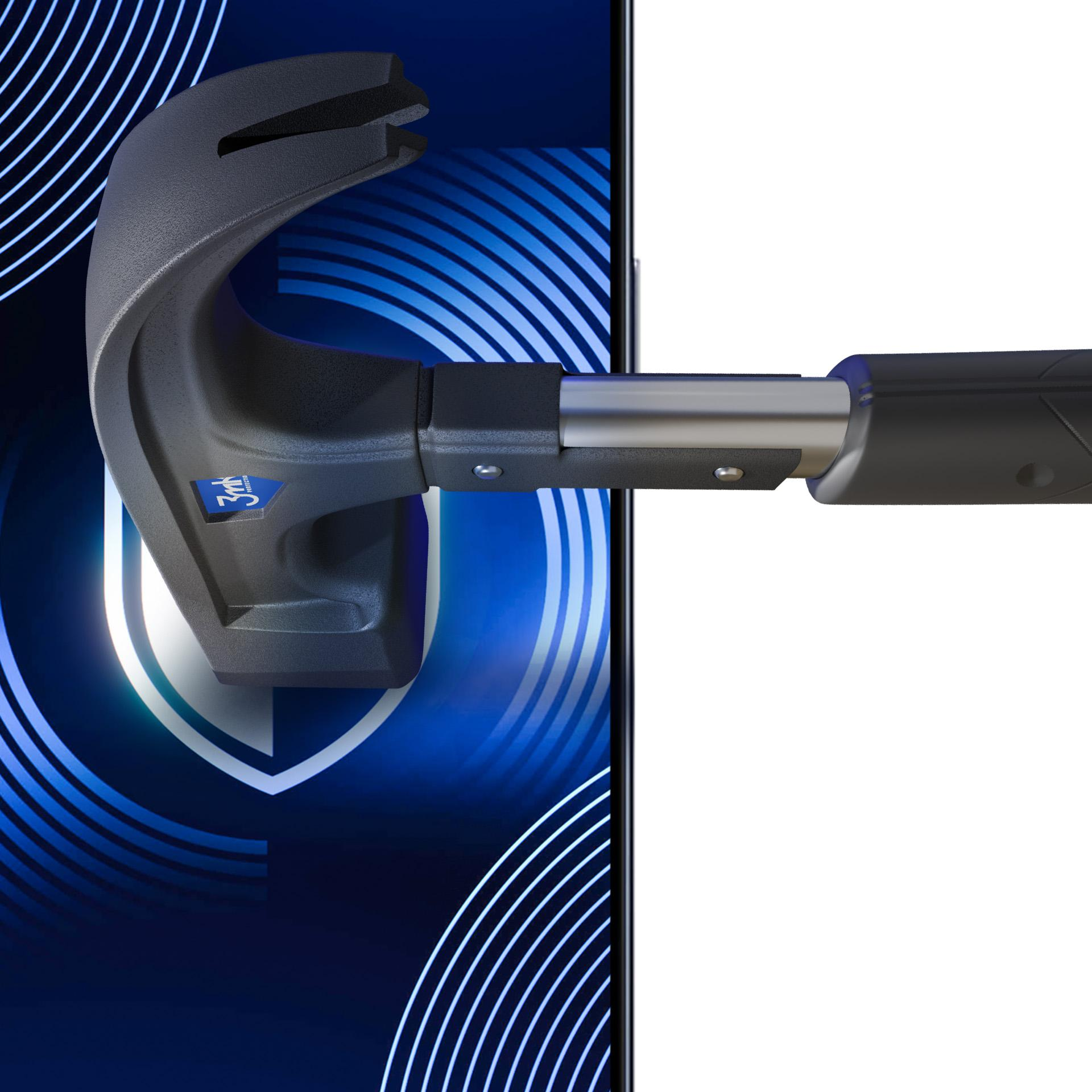 Un martello scuro colpisce uno smartphone. Lo sfondo è blu con linee bianche e un design a scudo.