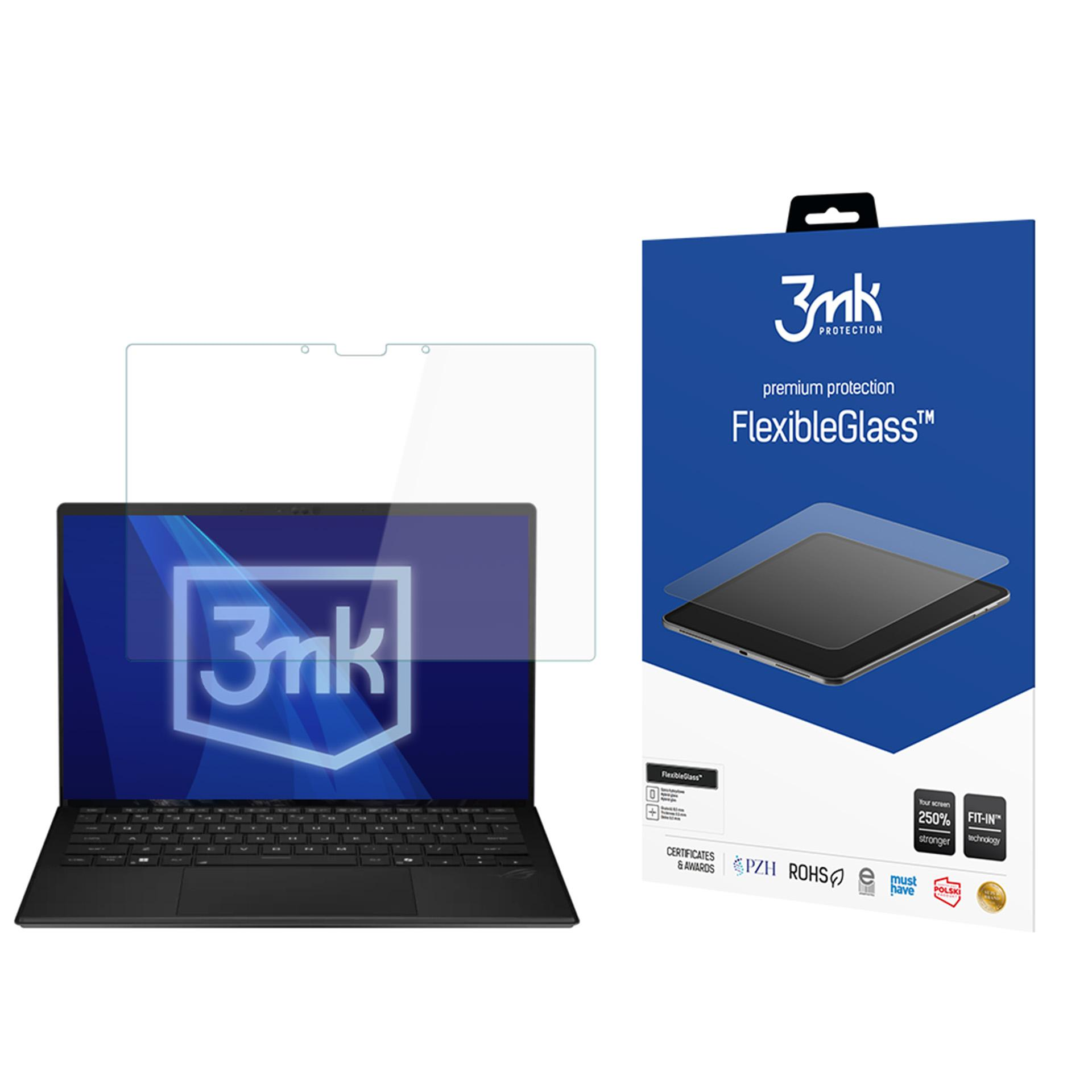 Laptop z ochraniaczem ekranu obok pudełka produktu. Pudełko ma logo marki i informacje o produkcie.