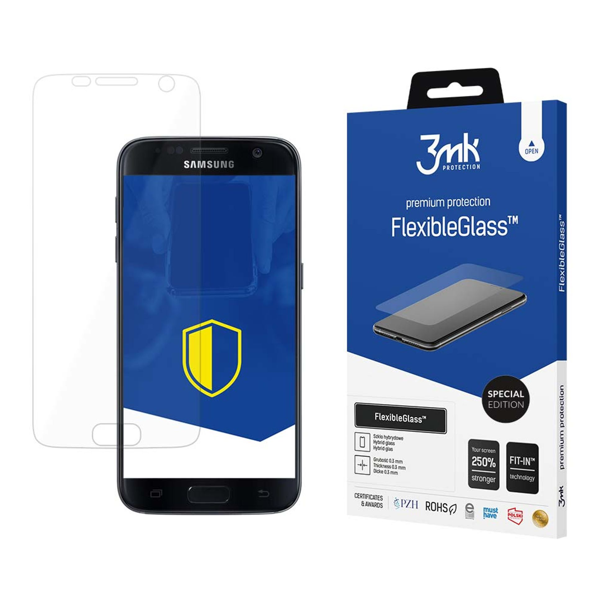 Un telefono con protezione schermo accanto alla scatola FlexibleGlass. Lo schermo del telefono è blu con uno scudo.