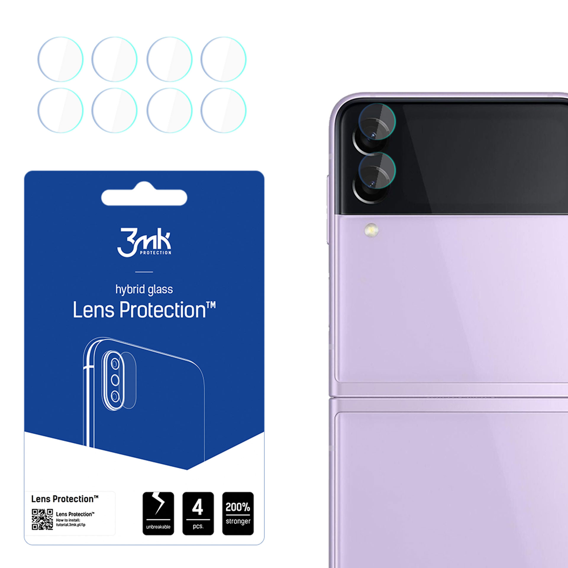Un telefono e un kit di protezione. Il kit ha protezioni per lenti trasparenti e una confezione blu. Il telefono è viola.