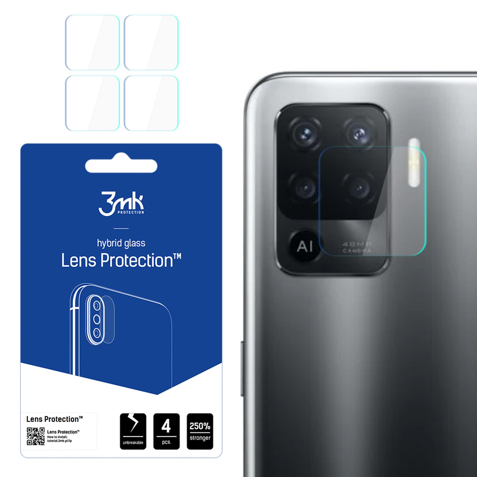 Vengono mostrati un telefono e un proteggi lente. La protezione è per le lenti della fotocamera. La confezione mostra le info.