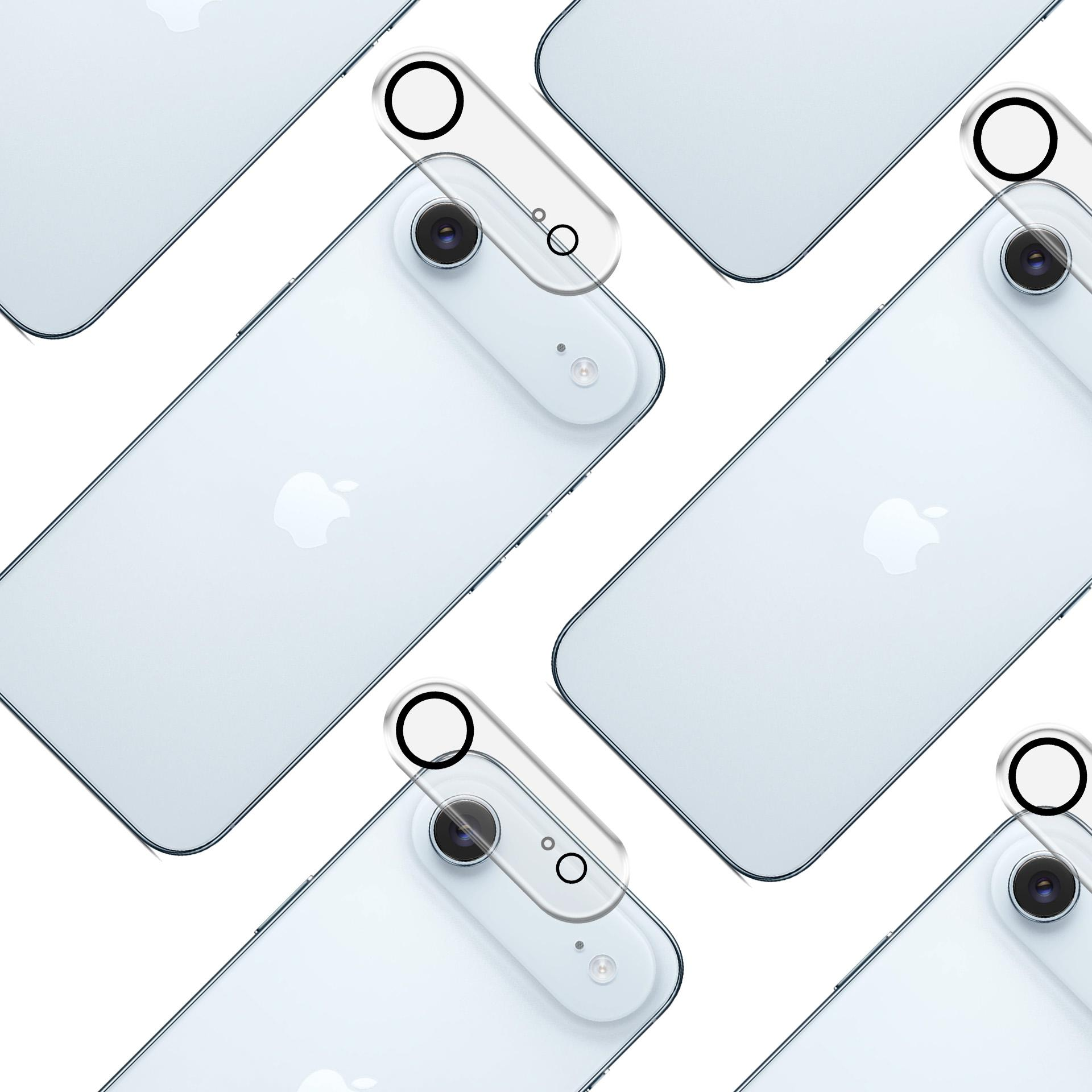 Diversi smartphone azzurri con protezioni per lenti della fotocamera disposti su sfondo bianco.