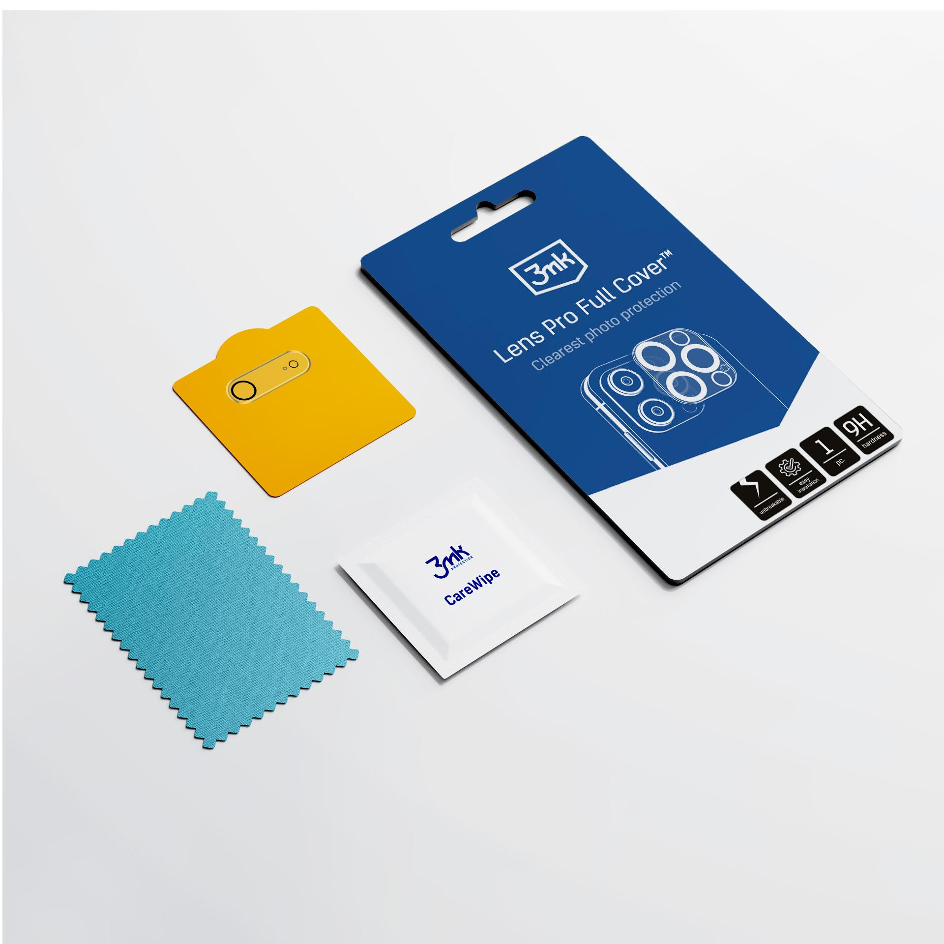 Un kit di protezione per lenti del telefono con scatola blu, strumento giallo, panno blu e salvietta.