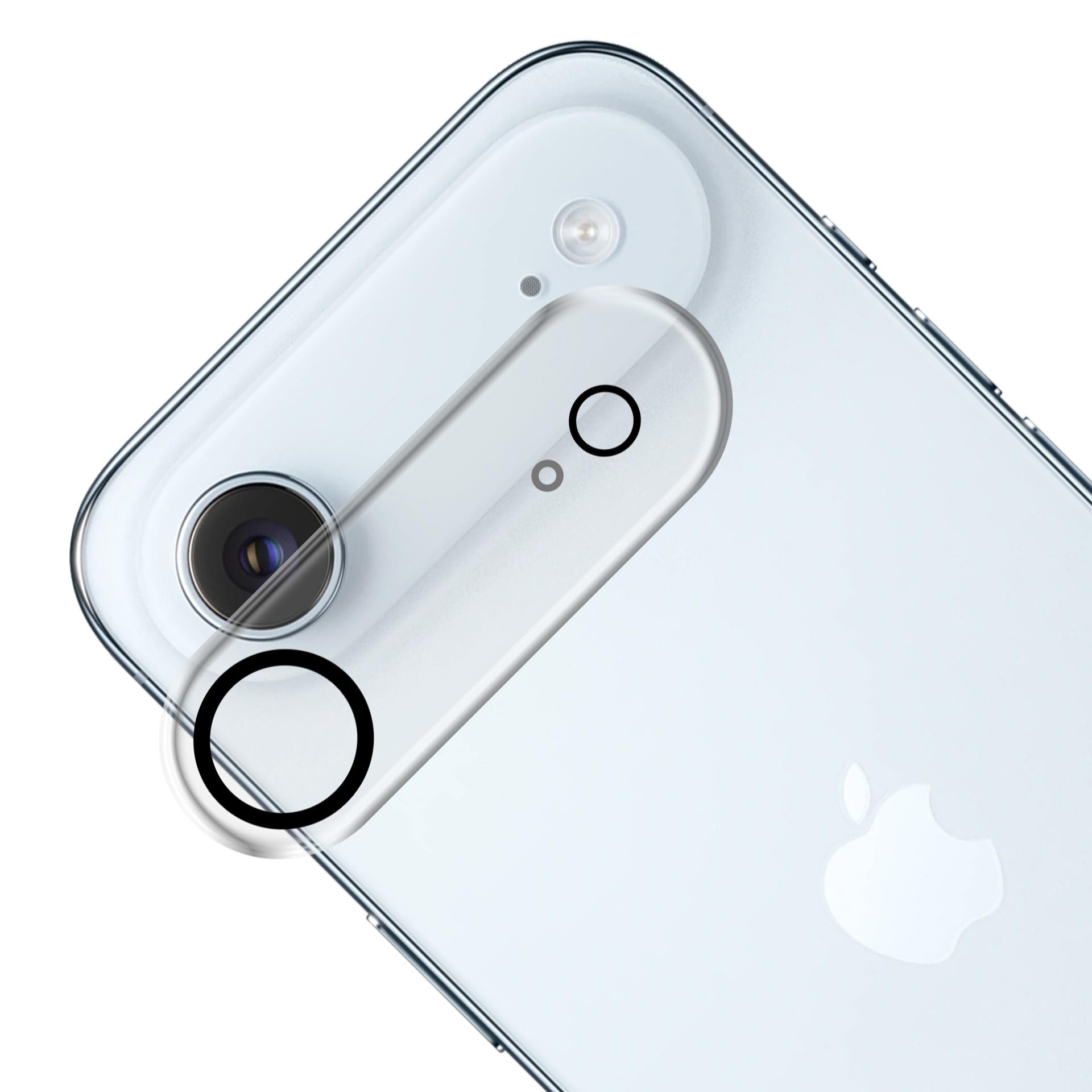 Retro del telefono, azzurro chiaro, con gruppo fotocamere e logo Apple. Il gruppo include un obiettivo grande e due più piccoli. Contorni neri.