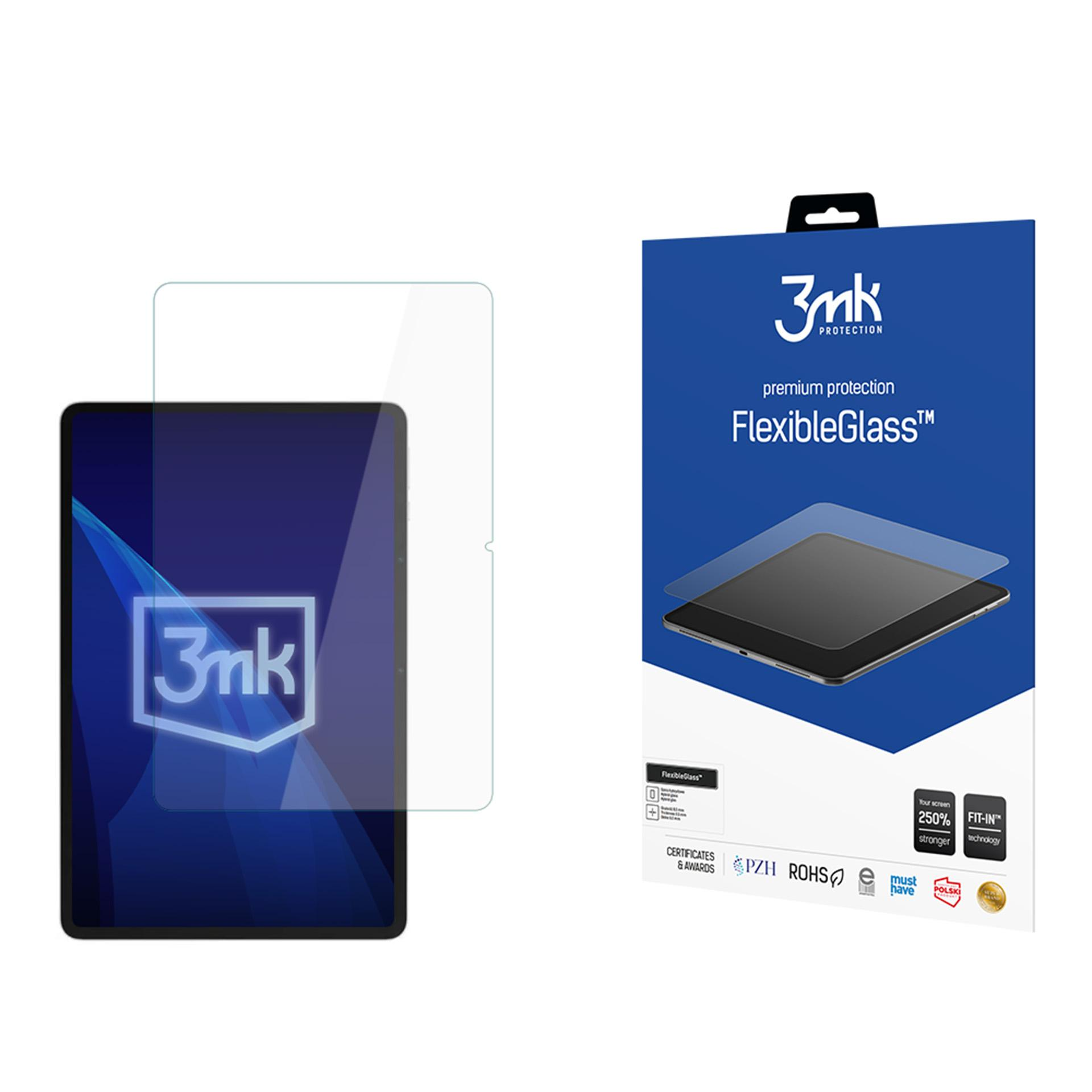 Tablet con protezione schermo e confezione. La confezione mostra informazioni sul prodotto e il logo del marchio 3mk.