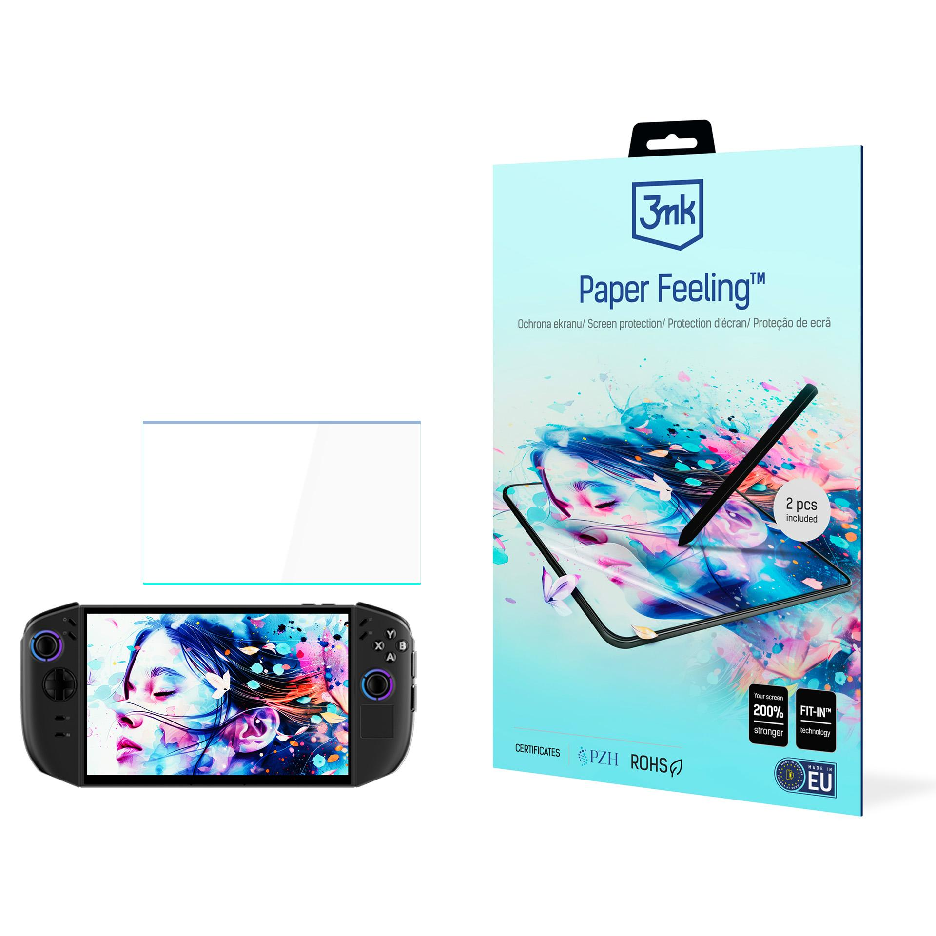 Pudełko z ochroną ekranu z konsolą i ochraniaczem ekranu. Na pudełku napis 'Paper Feeling'.