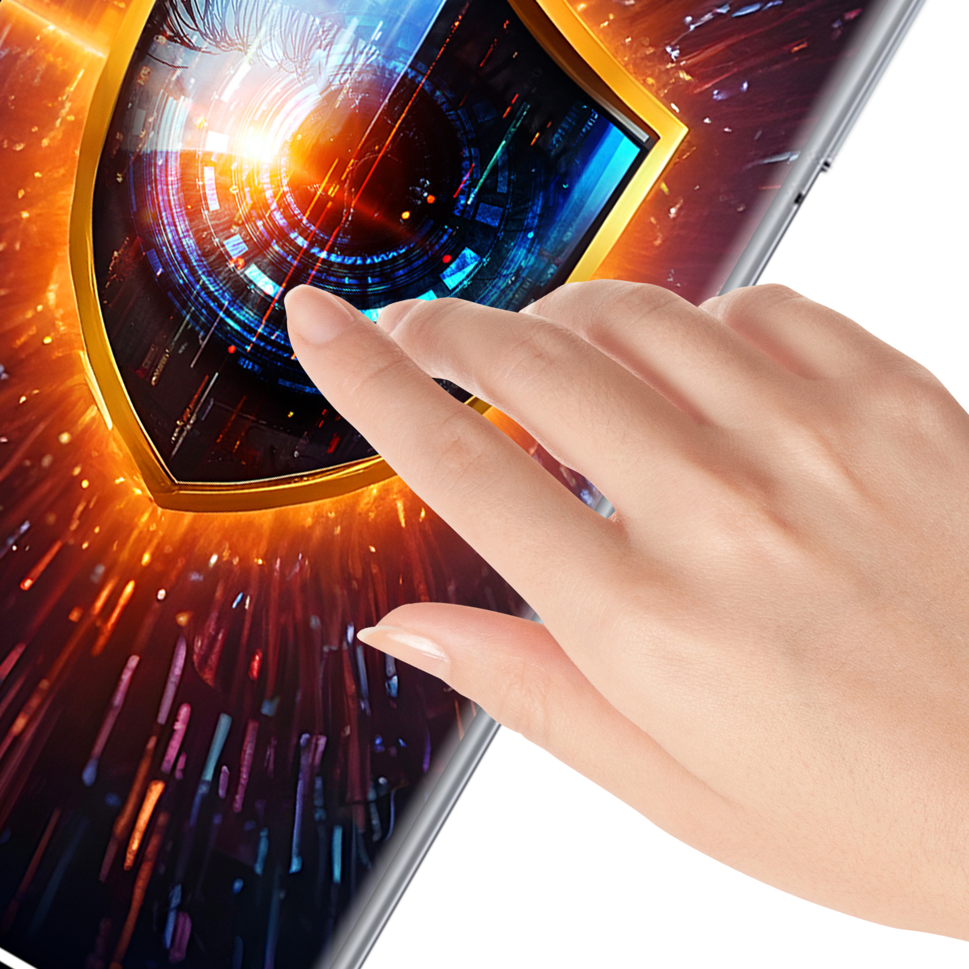Una mano tocca uno schermo che mostra uno scudo digitale, con bordi dorati e un interno dettagliato e luminoso.