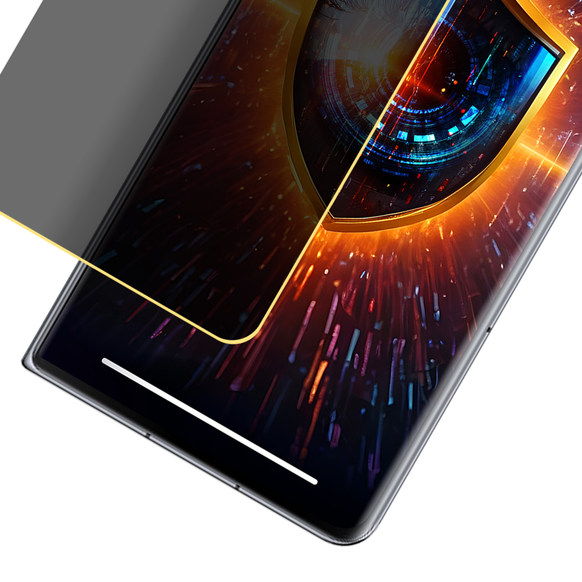 Schermo di smartphone con cornice dorata che mostra un occhio digitale. Sfondo scuro con effetti di luce rossa e blu.