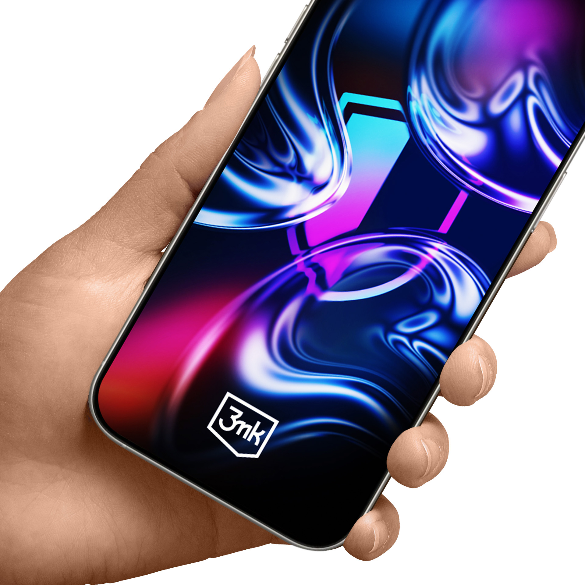 Una mano tiene uno smartphone con un design astratto e colorato sullo schermo. Lo sfondo è bianco.