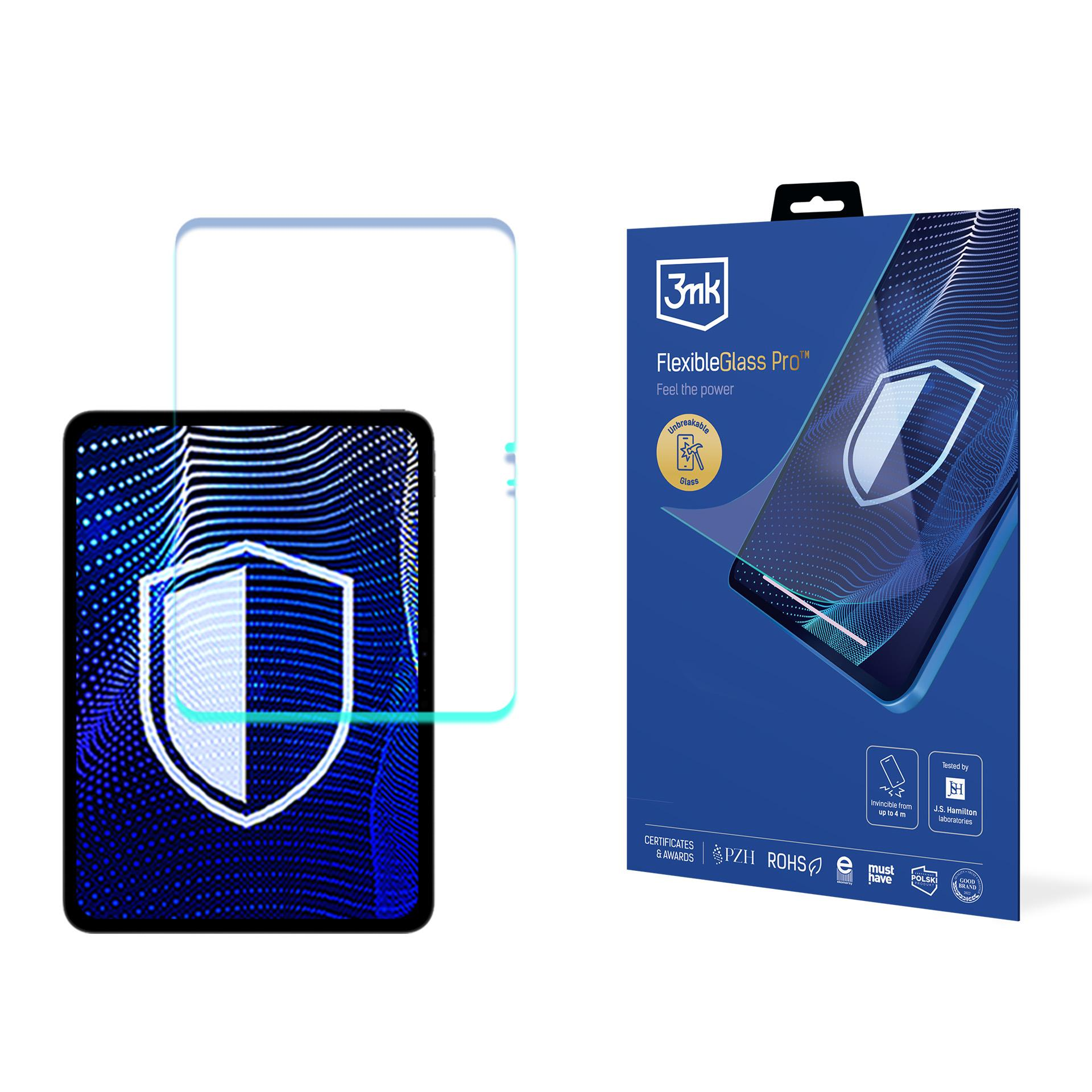 Un proteggi schermo e una scatola sono in mostra. La scatola è blu, il proteggi schermo trasparente ed entrambi hanno lo stesso design a scudo.