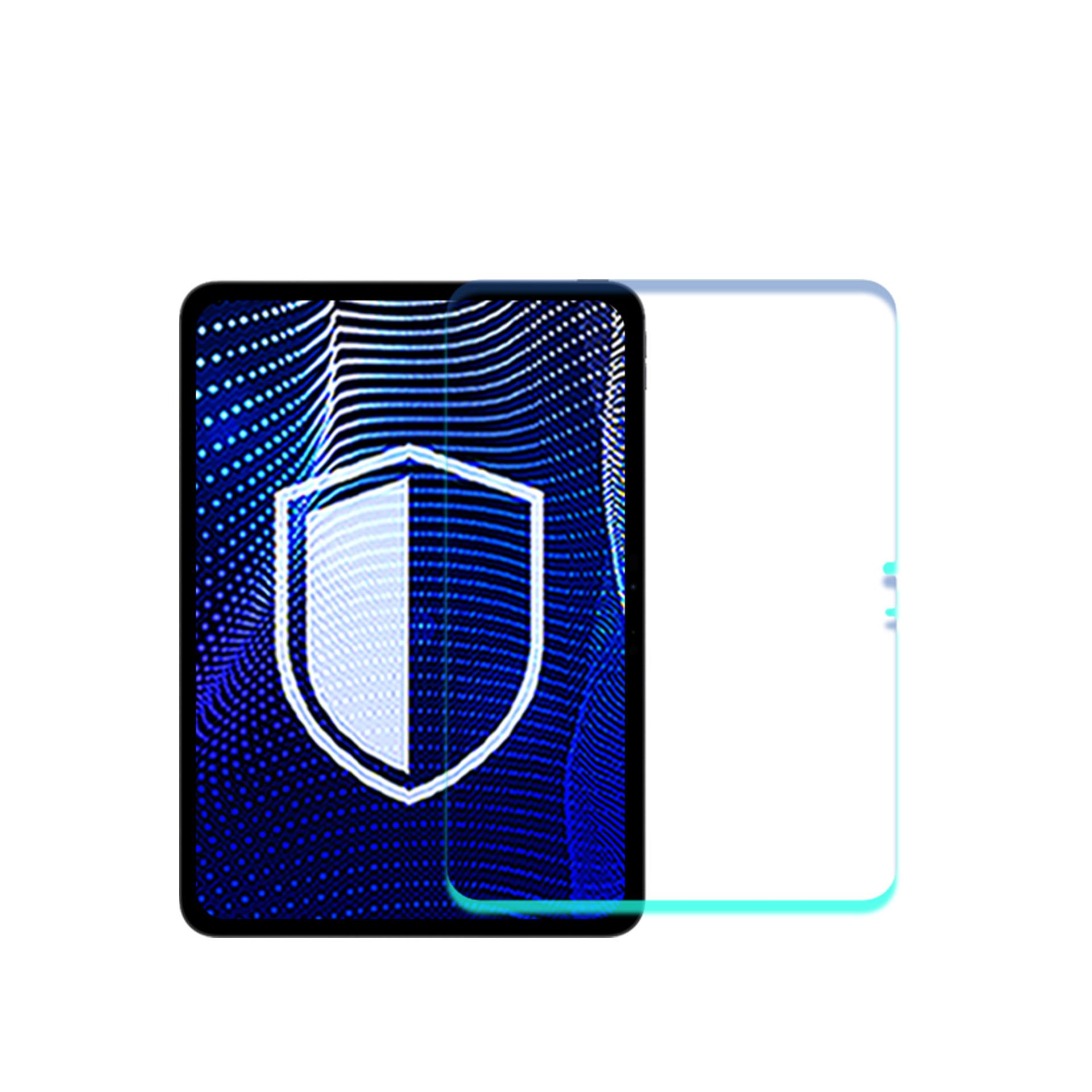 Viene mostrata una protezione per lo schermo di un tablet, che mostra un logo a scudo sullo schermo con un motivo a onde blu.