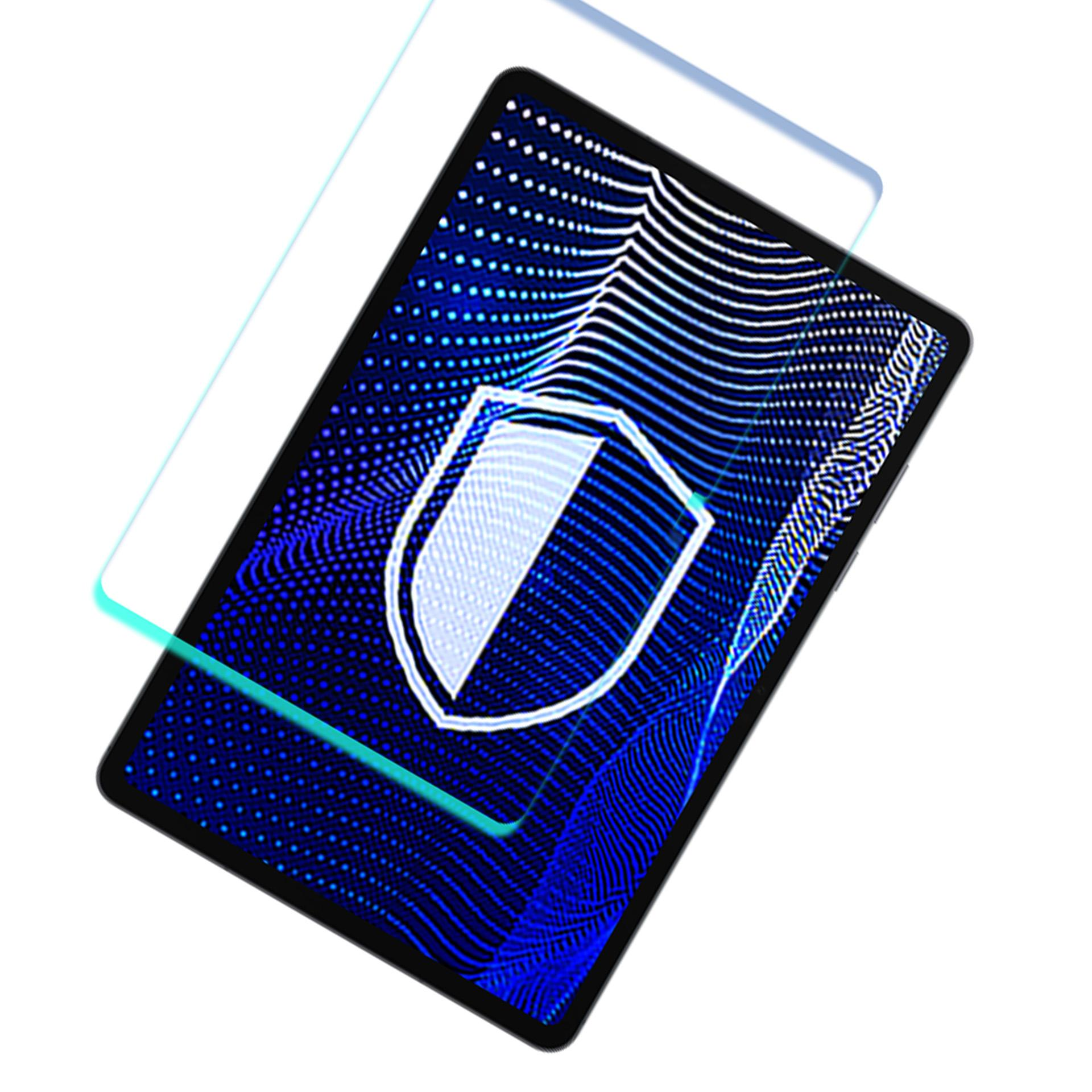 Tablet z ochraniaczem ekranu. Ekran wyświetla niebieski wzór i białą ikonę tarczy. Ochraniacz jest przezroczysty.