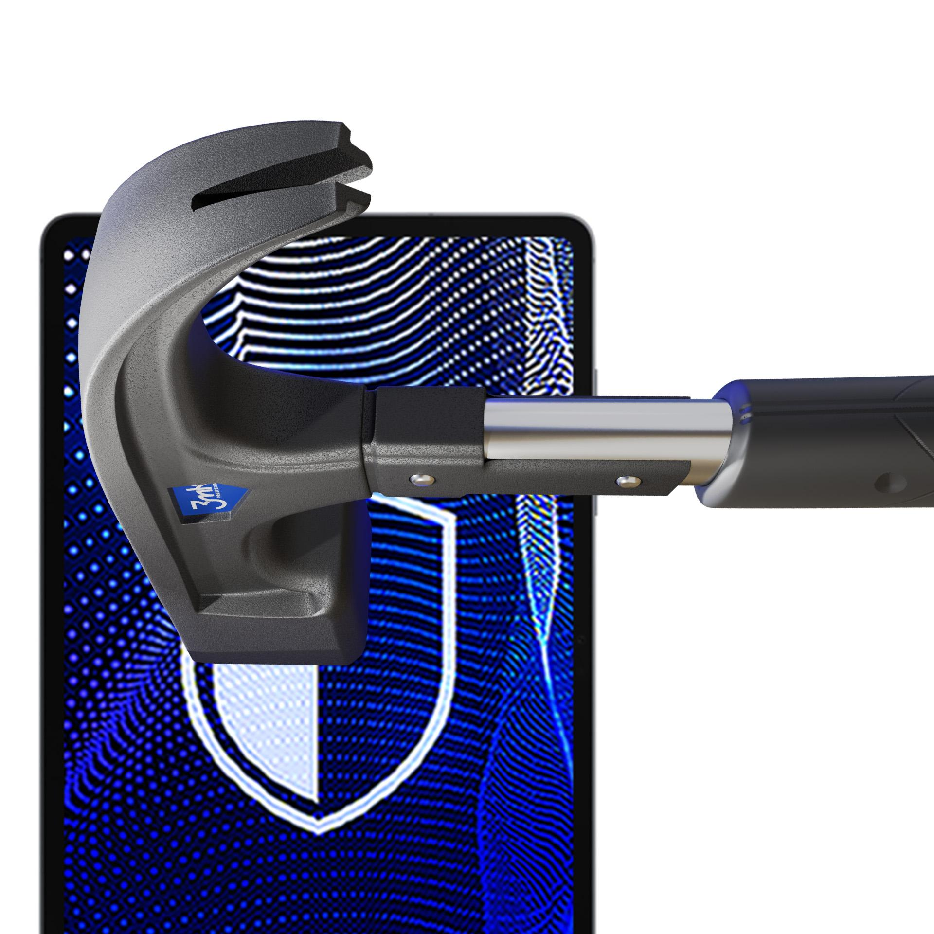 Młot zaraz uderzy w tablet. Tablet pokazuje niebieską tarczę, wskazującą ochronę.