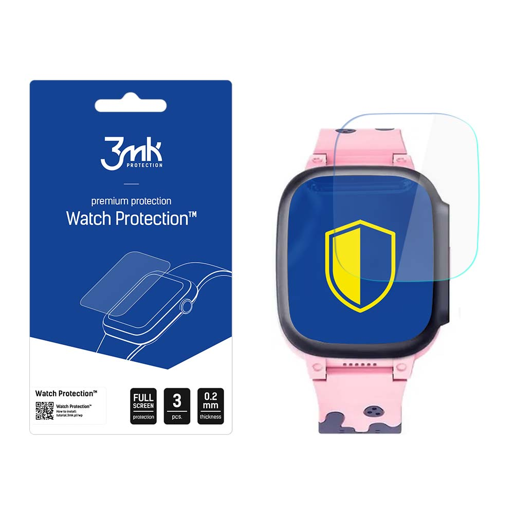 Uno smartwatch rosa con protezione schermo accanto a una confezione blu con la scritta 'Watch Protection' e un logo.