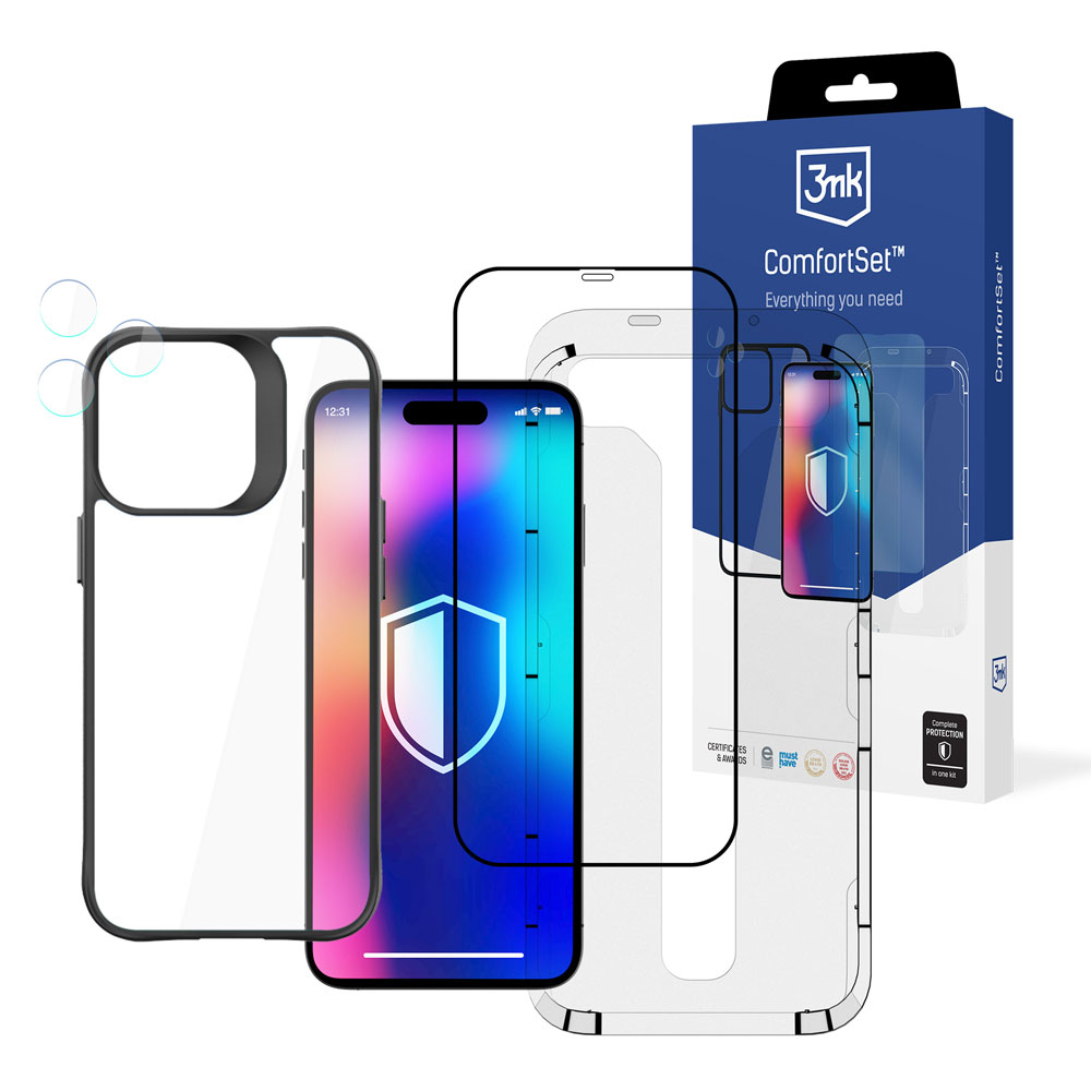 Un telefono con protezione schermo e custodia. Sulla destra c'è una scatola ComfortSet. Lo schermo del telefono mostra un logo a scudo.