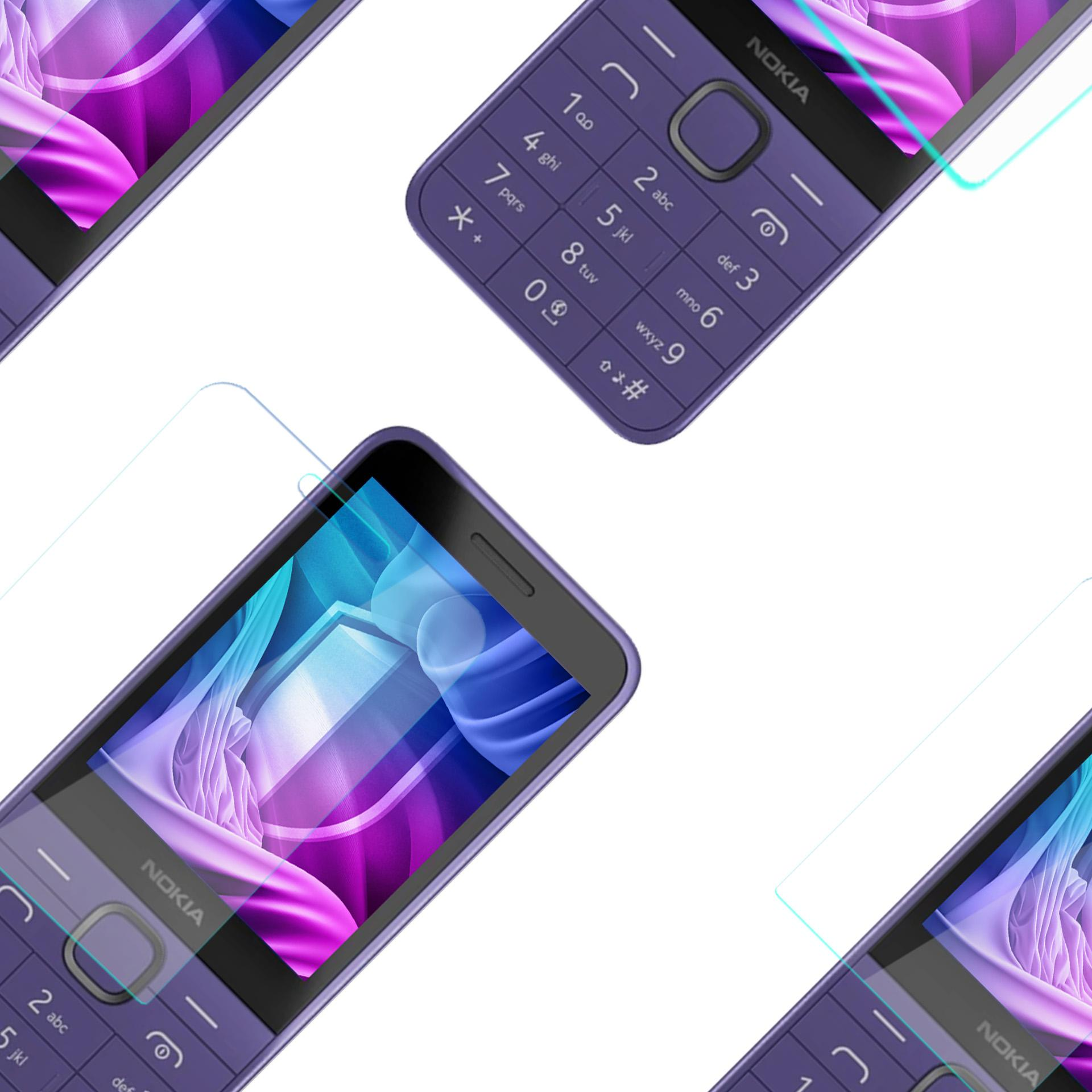 Kilka fioletowych telefonów Nokia z widocznymi ekranami i klawiaturami, niektóre z osłonami ekranu, na białym tle.