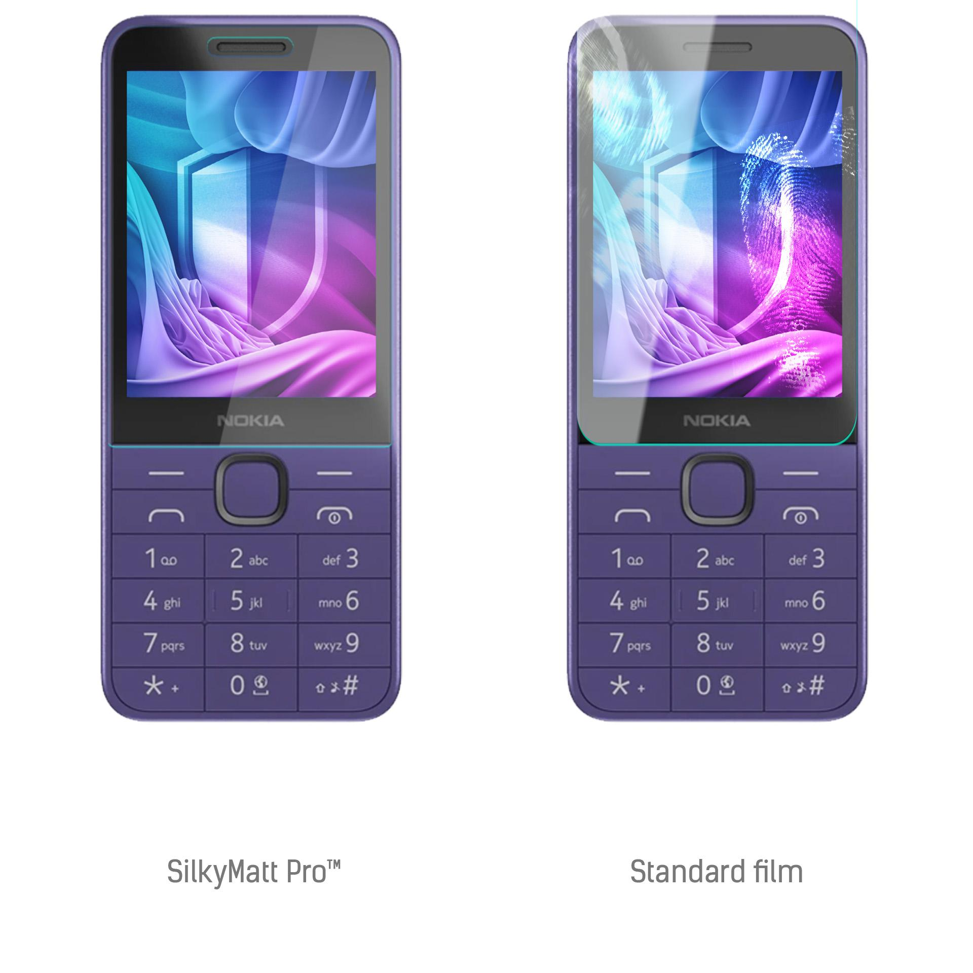Dwa telefony Nokia obok siebie. Jeden z SilkyMatt Pro, drugi ze standardową folią. Oba fioletowe.