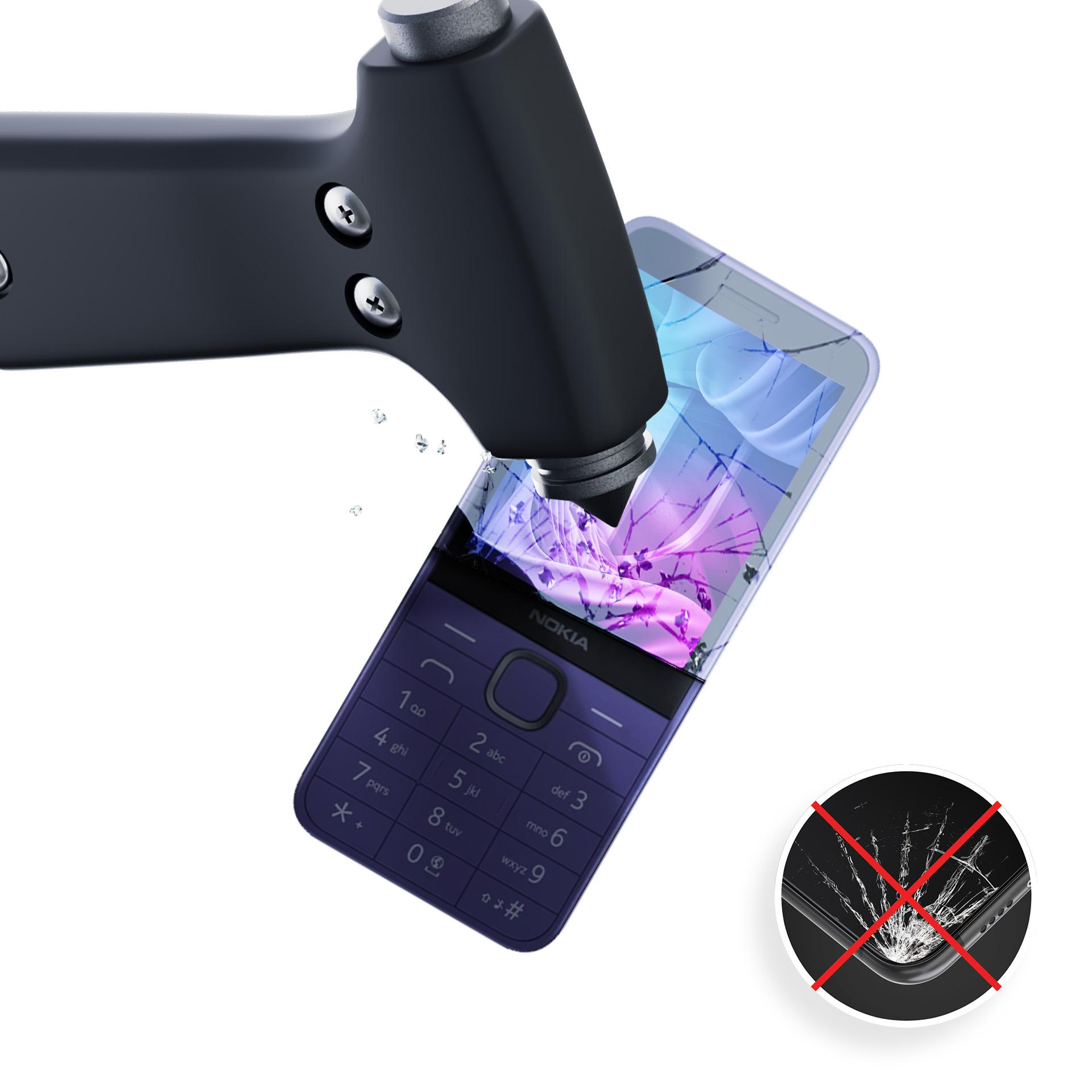 Telefon uderzony przez młotek, pękający ekran. Po prawej stronie znajduje się okrąg z uszkodzonym telefonem i czerwonym krzyżem.