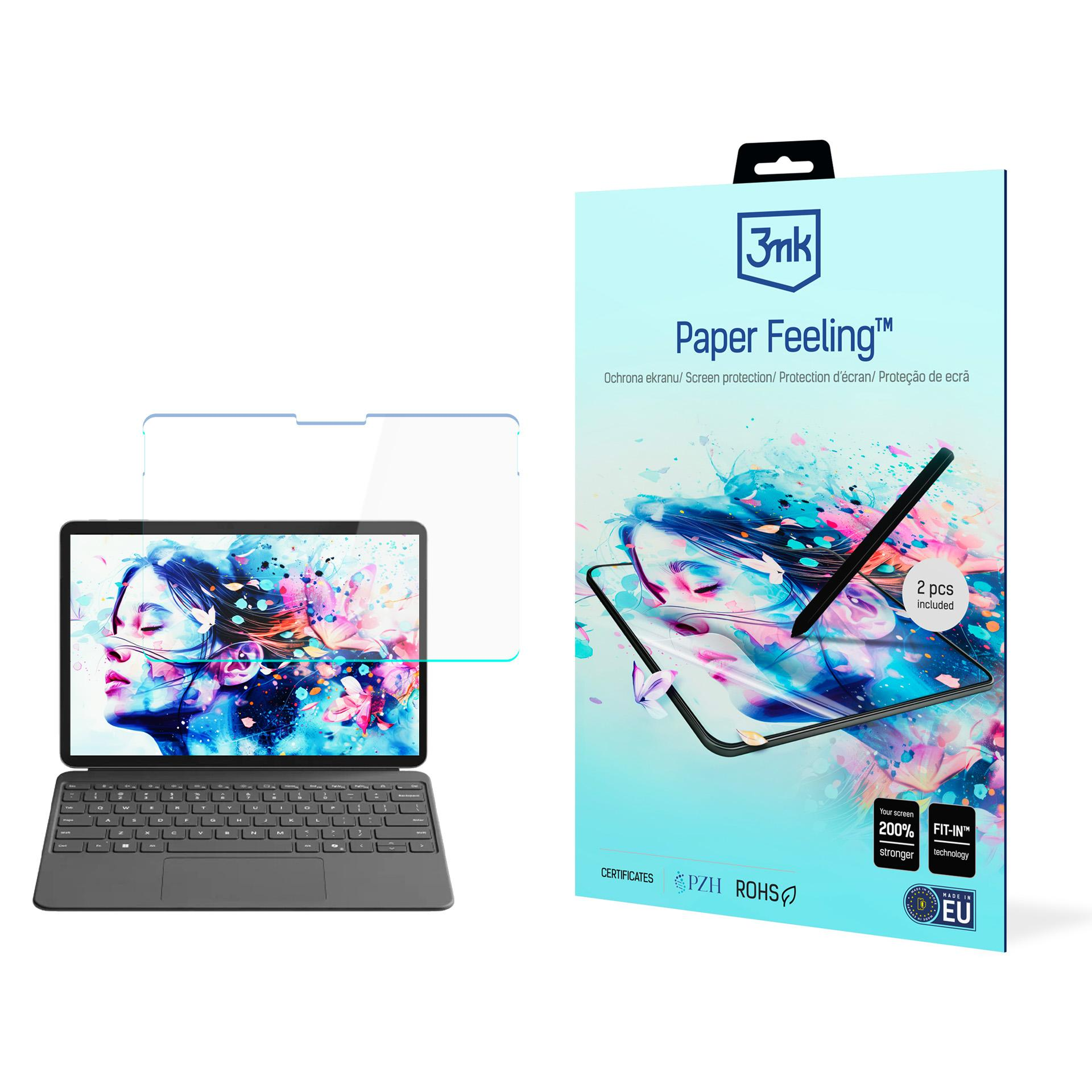 Un tablet con tastiera e confezione di protezione schermo. La confezione contiene testo come 'Paper Feeling' e una penna.