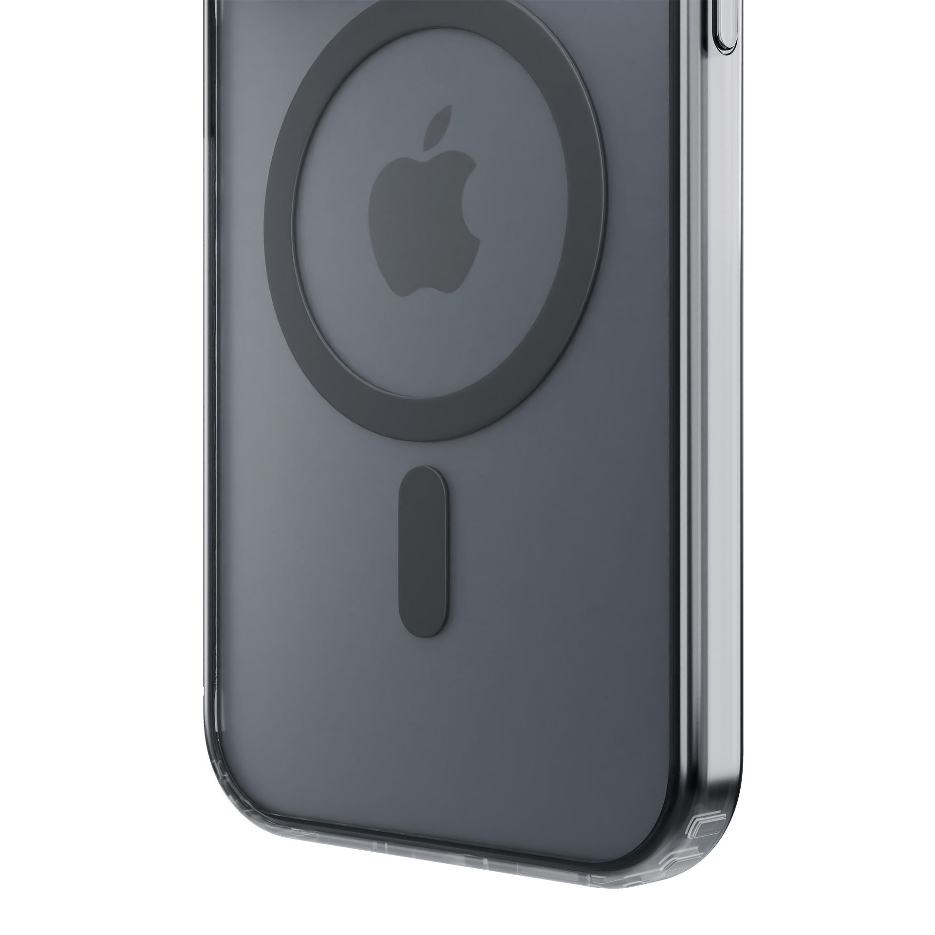Custodia trasparente con logo Apple grigio e anello magnetico su sfondo bianco.