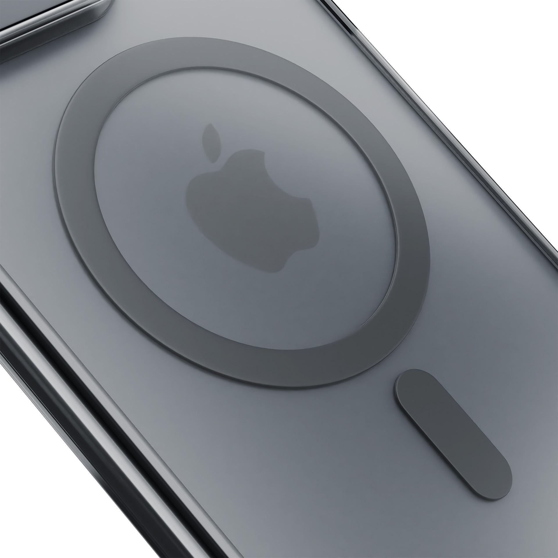Primo piano di un retro telefono grigio con logo Apple, anello circolare e forma rettangolare. Sfondo bianco.