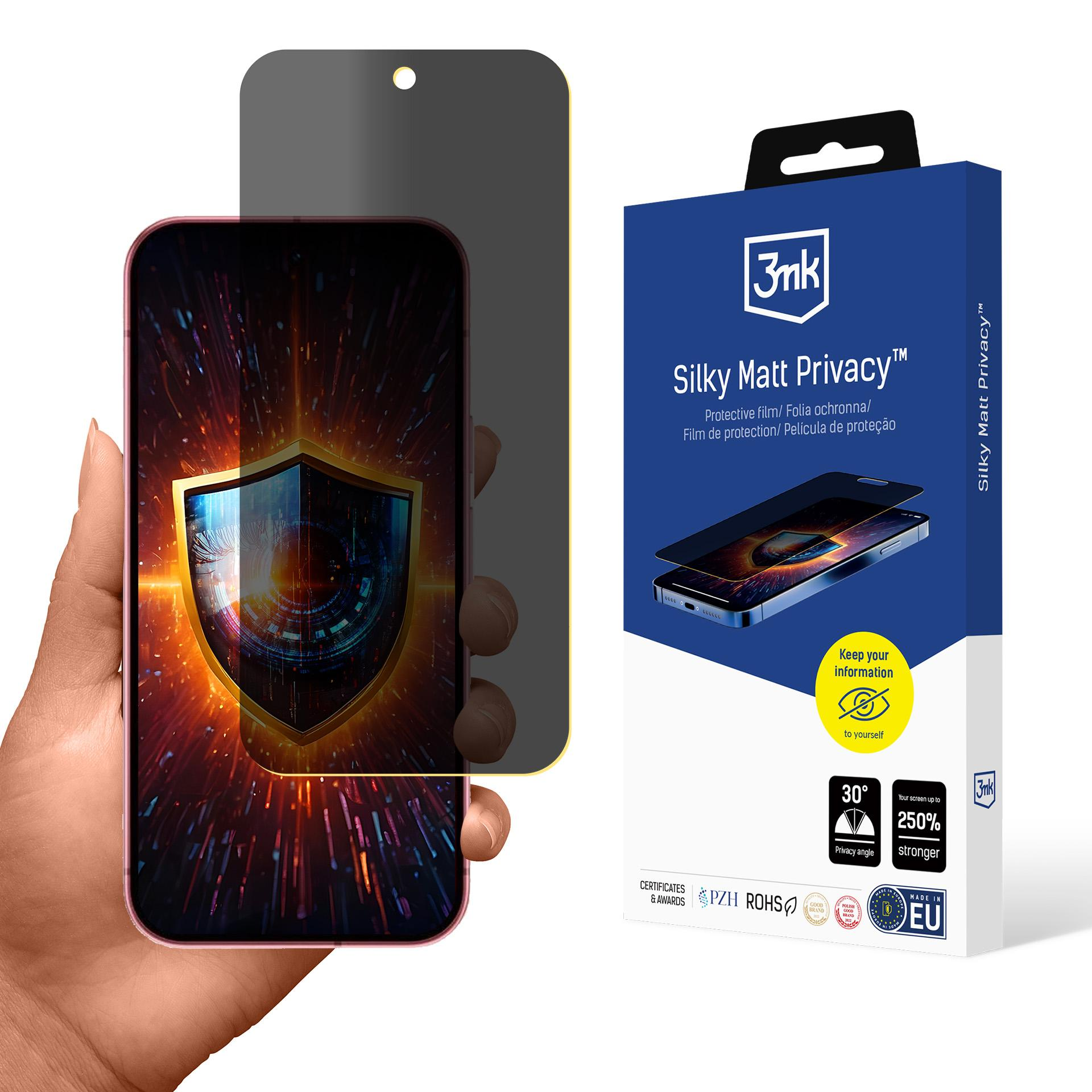 Una mano tiene un telefono con una protezione per lo schermo. Una scatola mostra il nome del prodotto e le sue caratteristiche.