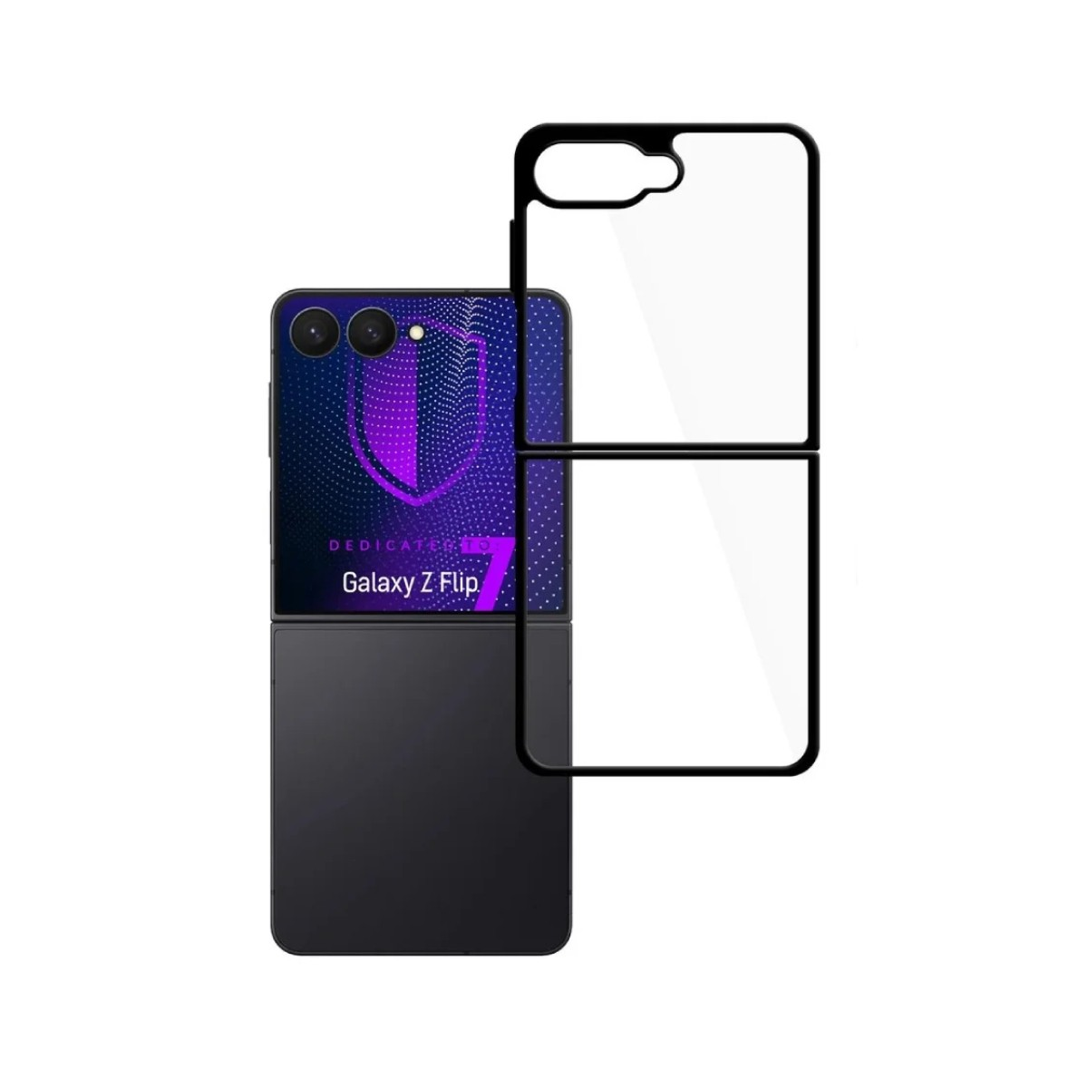 Telefon Samsung Galaxy Z Flip z etui. Telefon jest czarny i fioletowy. Etui jest czarne i przezroczyste.