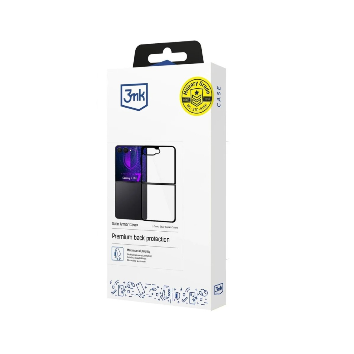 Białe pudełko z ilustracją etui na telefon. To 3mk Satin Armor Case+ do Galaxy Z Flip. Etui klasy wojskowej.