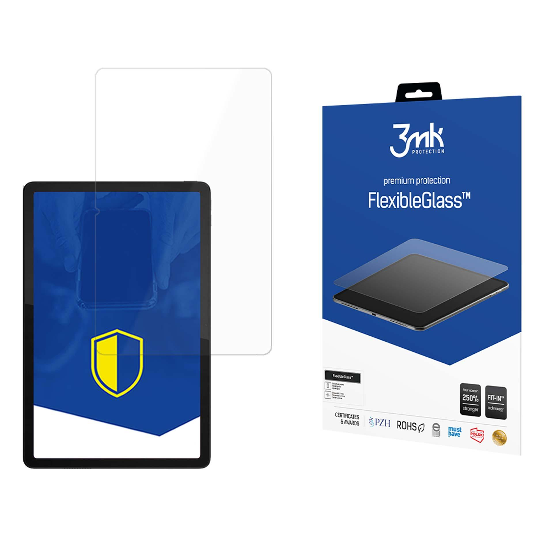 Tablet z ochraniaczem ekranu i opakowaniem. Na pudełku logo '3mk' i tekst 'FlexibleGlass'.