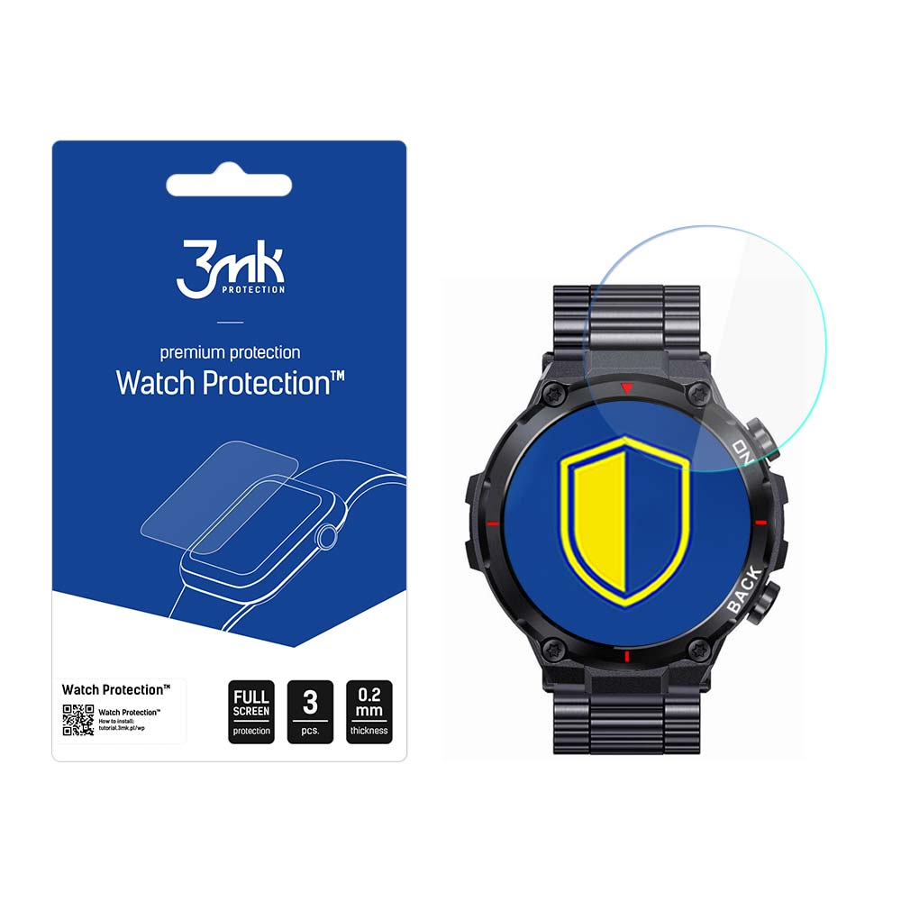 Uno smartwatch con protezione schermo, una confezione di protezioni schermo e un'icona a scudo sul quadrante.