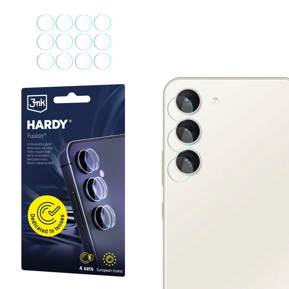 Widoczny jest telefon z osłonami obiektywu, opakowanie produktu i zestaw osłon obiektywu.