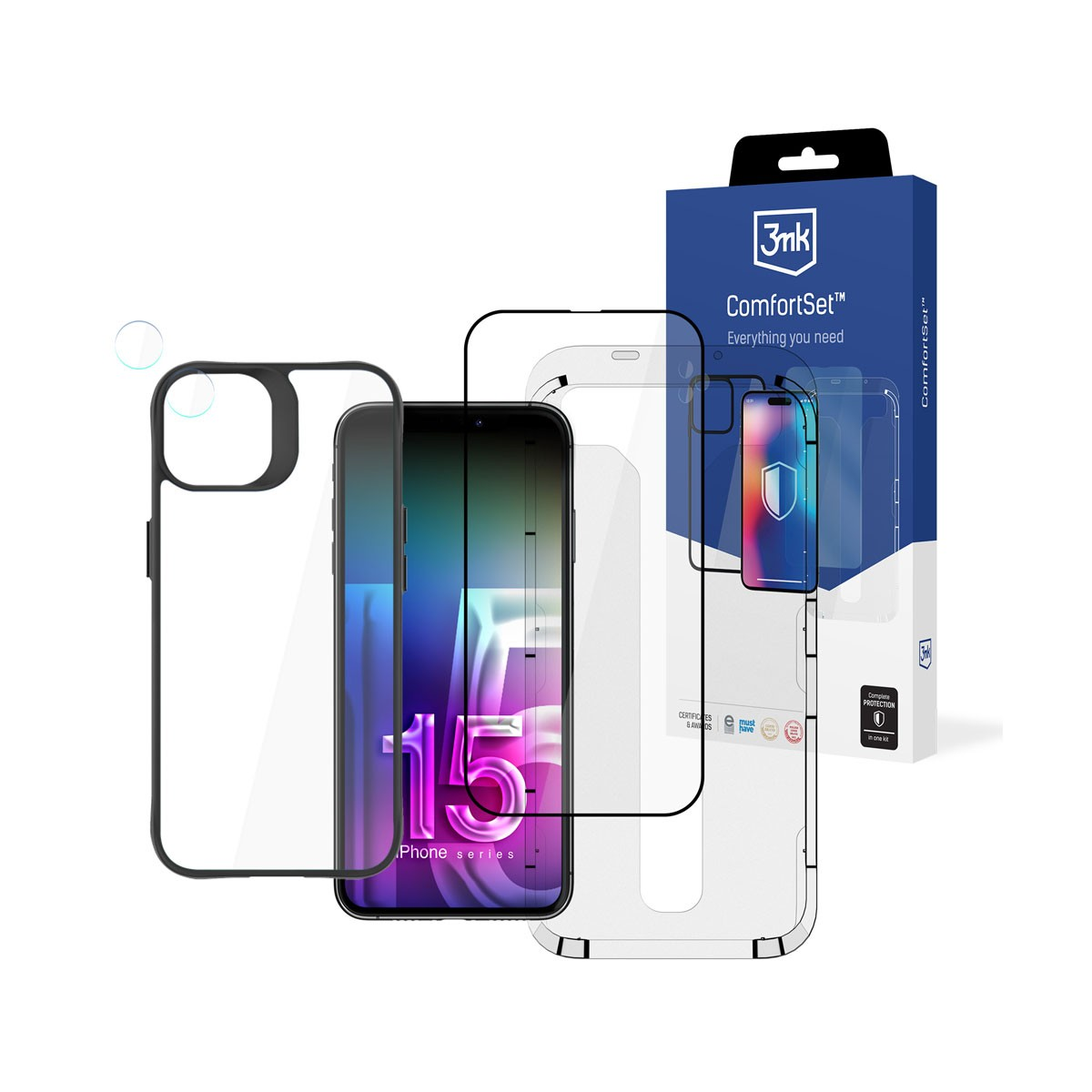 Una custodia per telefono, una protezione per lo schermo e una scatola con il logo ComfortSet. Un telefono con il numero 15 al centro.