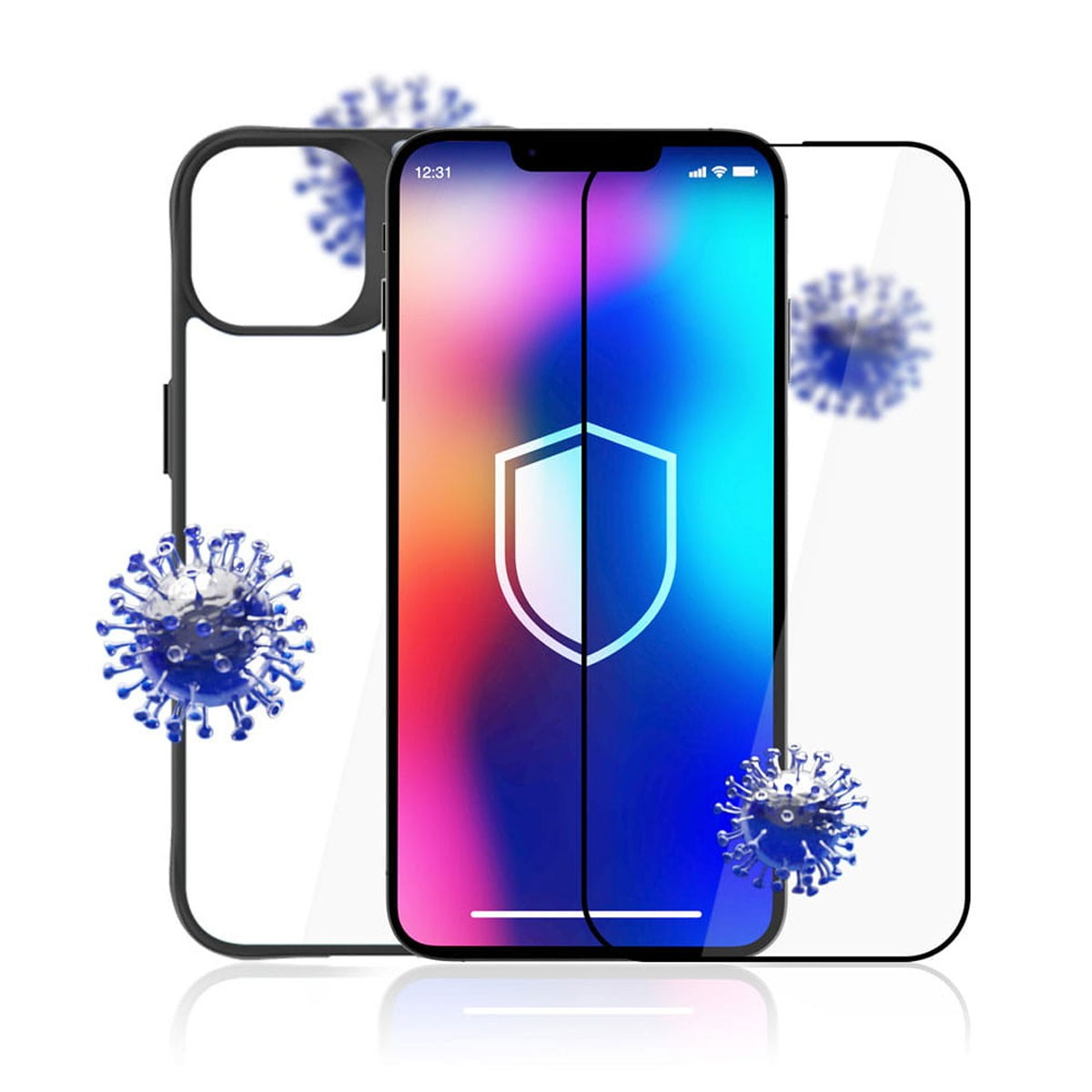 Uno smartphone con protezione schermo, custodia e grafica di virus. Lo schermo mostra un'icona a scudo. La custodia è nera e trasparente.