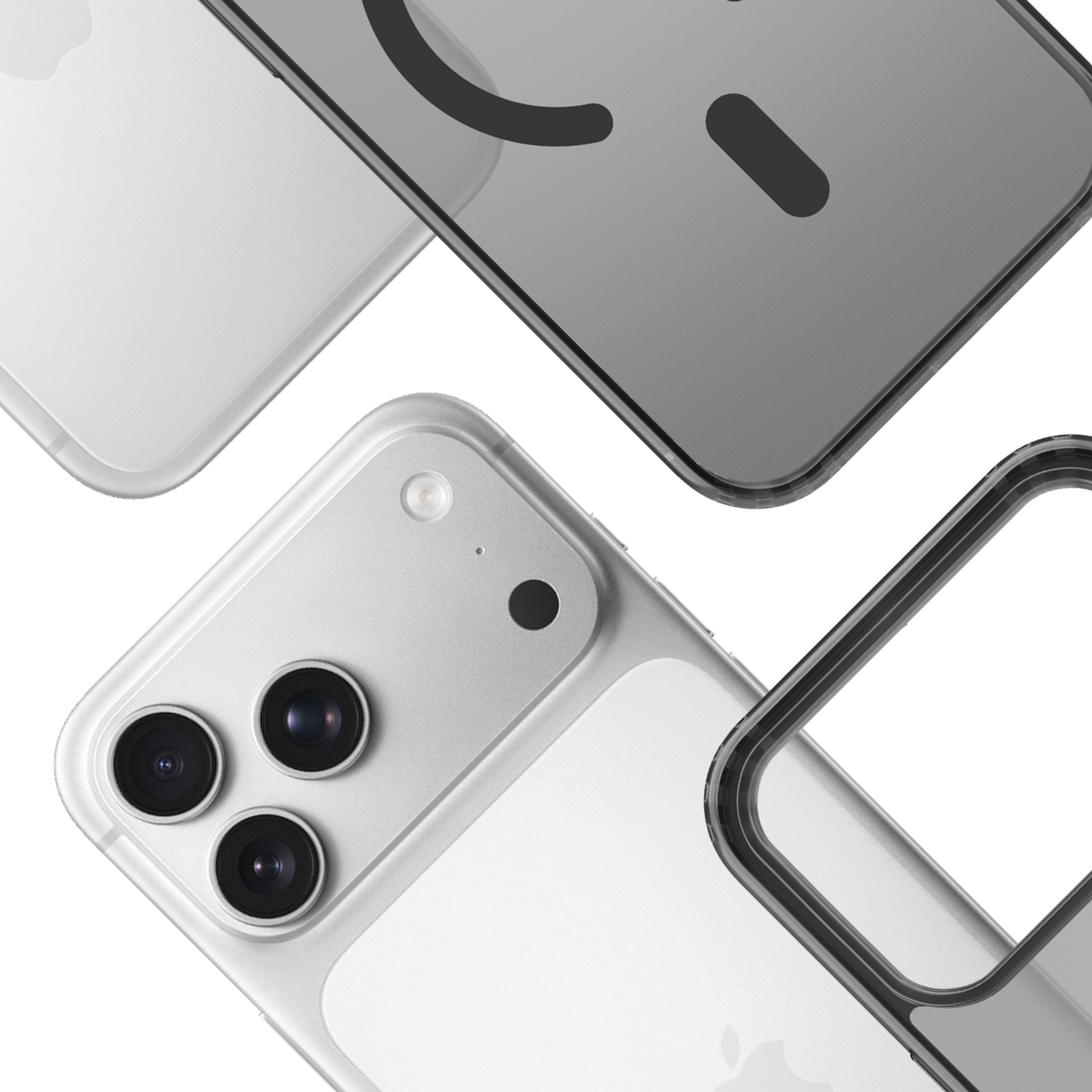 Vengono visualizzati diversi smartphone, che mostrano fotocamere e una custodia protettiva, il tutto su sfondo bianco.