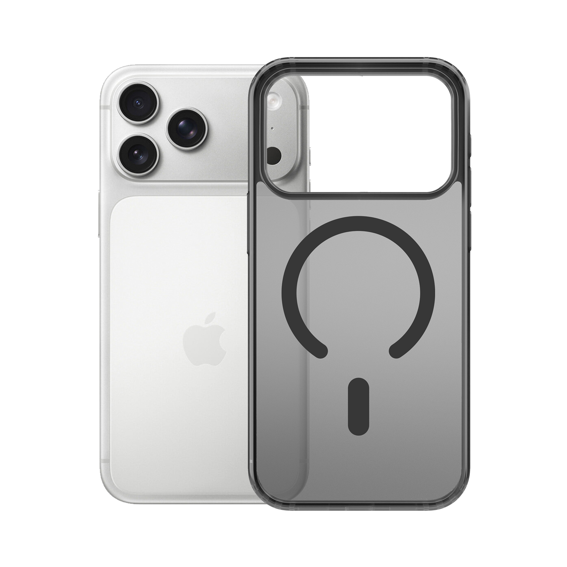 Un iPhone e una custodia trasparente. La custodia ha un anello magnetico grigio e un bordo nero.
