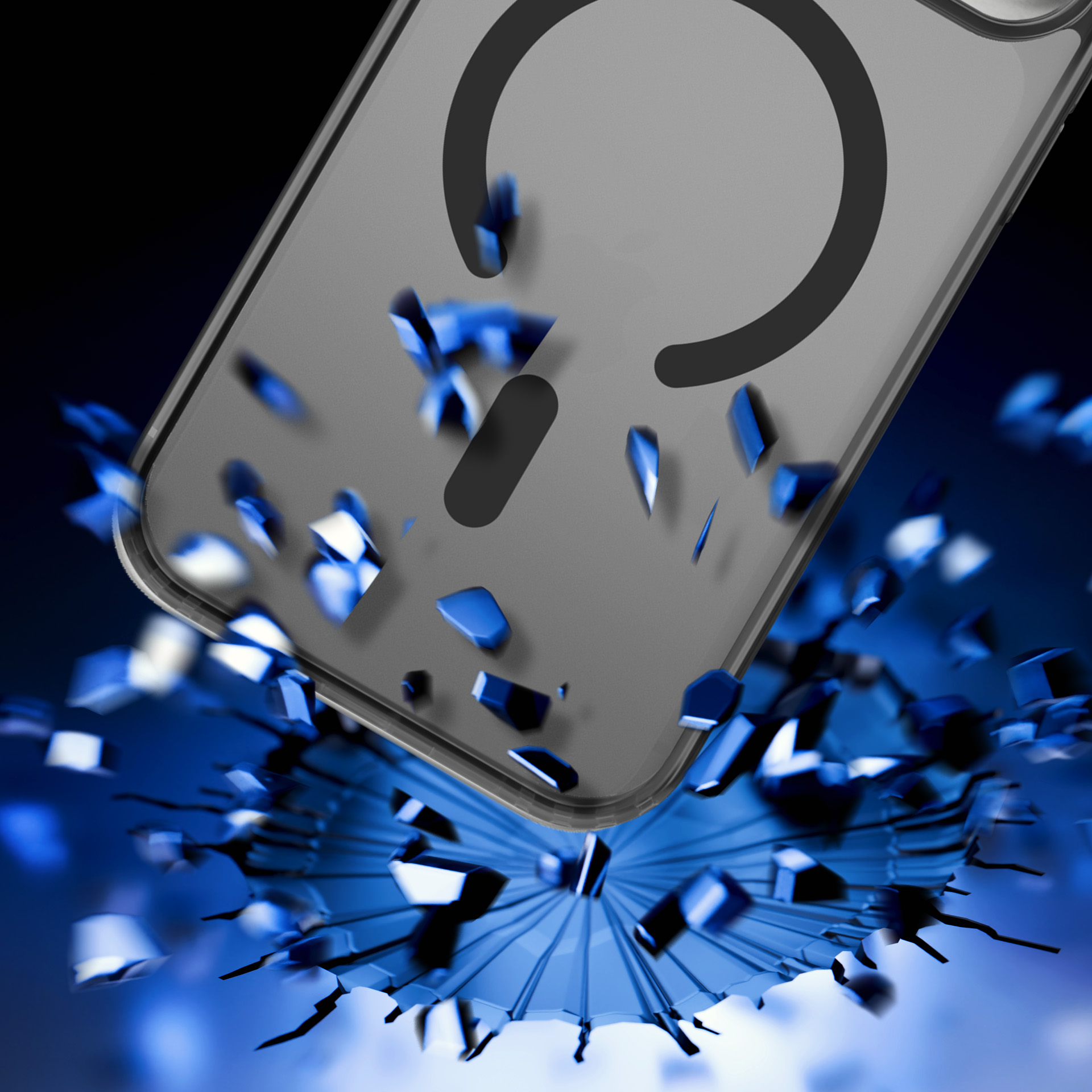 Una custodia per telefono sta rompendo una superficie di vetro. Schegge blu sono sparse intorno alla custodia su uno sfondo blu e nero.