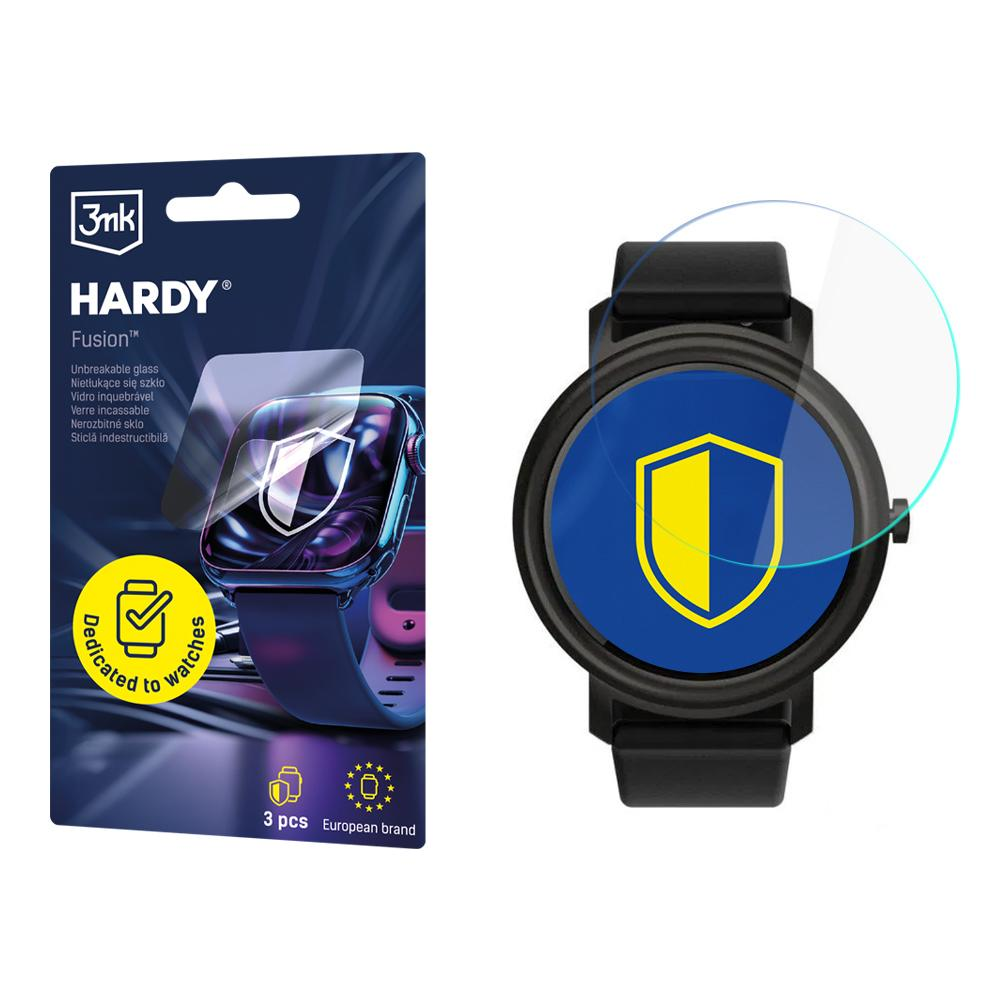 Opakowanie folii ochronnej na ekran zegarka i smartwatch. Opakowanie zawiera tekst i obraz zegarka. Zegarek ma ikonę tarczy.