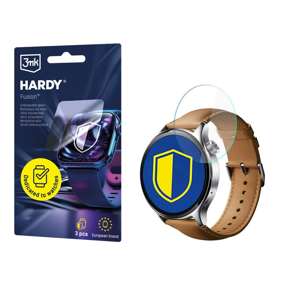 Smartwatch i ochrona ekranu. Na pudełku ochrony ekranu widać zegarek. Zegarek ma żółto-niebieską tarczę na ekranie.